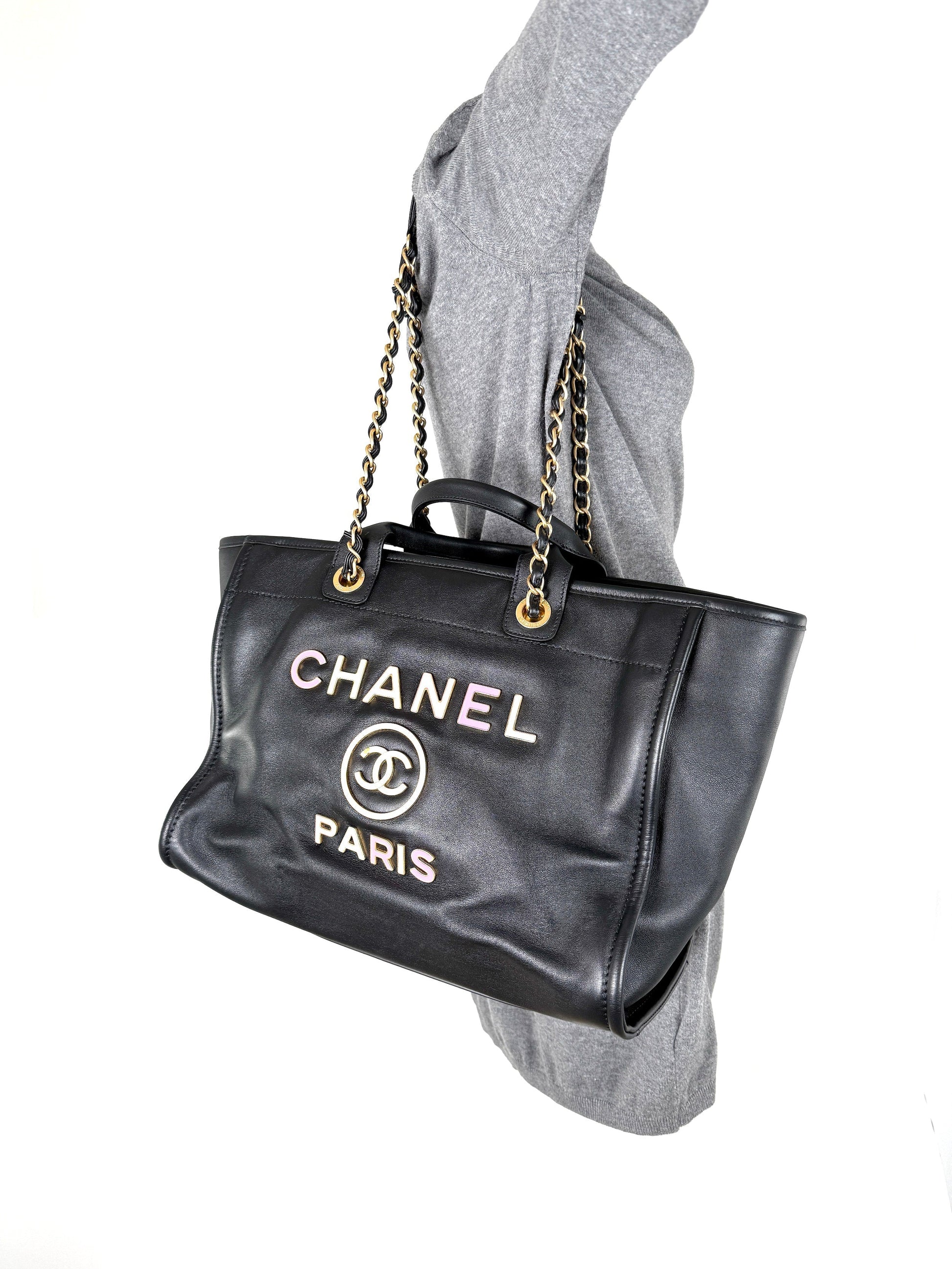 Chanel Deauville Medium Calfskin Black Multicolor Tote Bag - Rovelle Bags