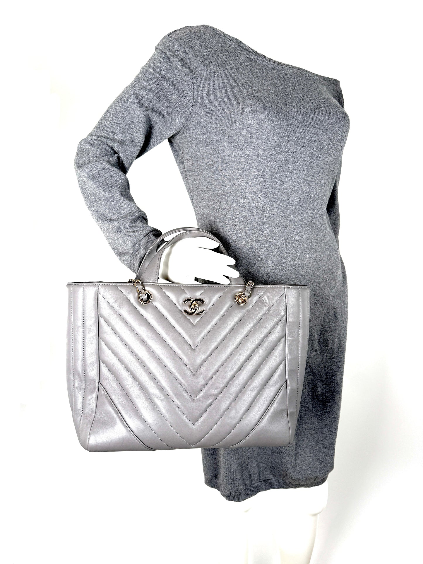 Chanel Chevron Statement Gray Quilted Calfskin Tote Bag - Rovelle Bags
