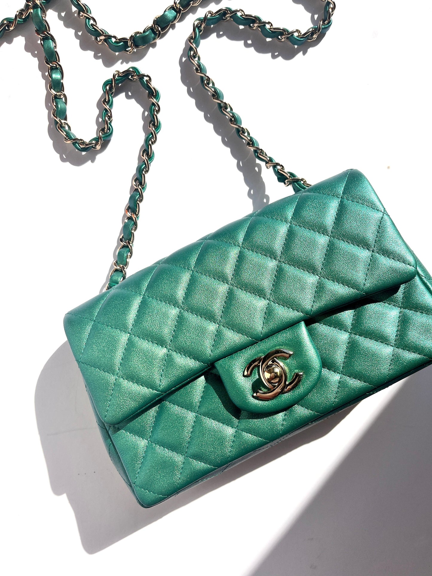 Chanel Iridescent Green 2022 Rectangular Mini Flap Bag - Rovelle Bags
