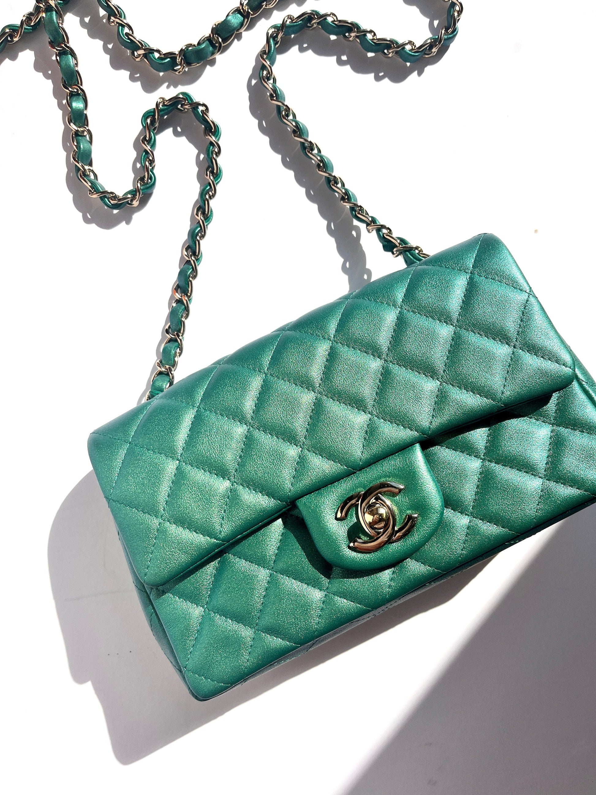 Chanel Iridescent Green 2022 Rectangular Mini Flap Bag - Rovelle Bags