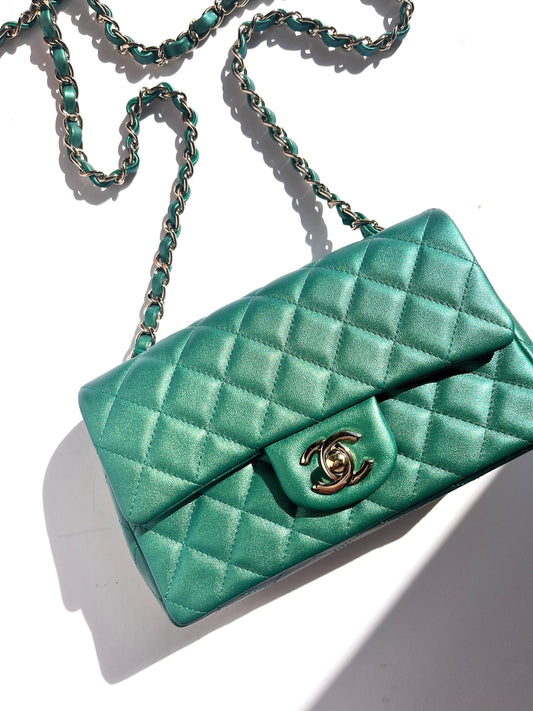 Chanel Iridescent Green 2022 Rectangular Mini Flap Bag - Rovelle Bags