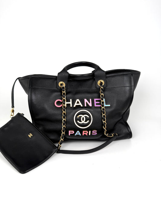 Chanel Deauville Medium Calfskin Black Multicolor Tote Bag - Rovelle Bags