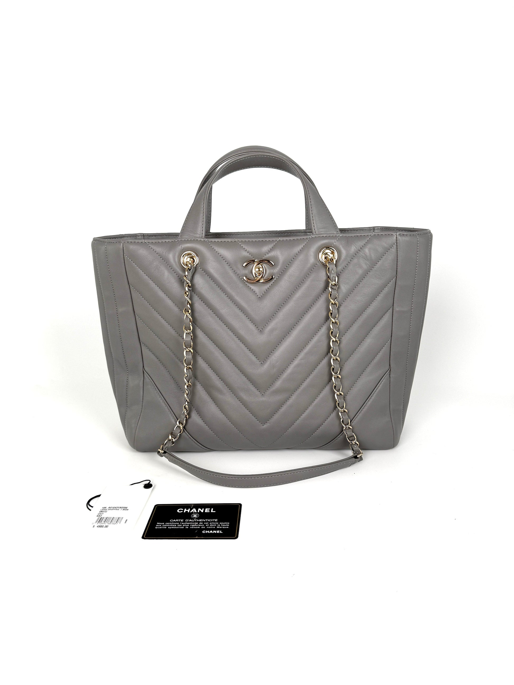 Chanel Chevron Statement Gray Quilted Calfskin Tote Bag - Rovelle Bags
