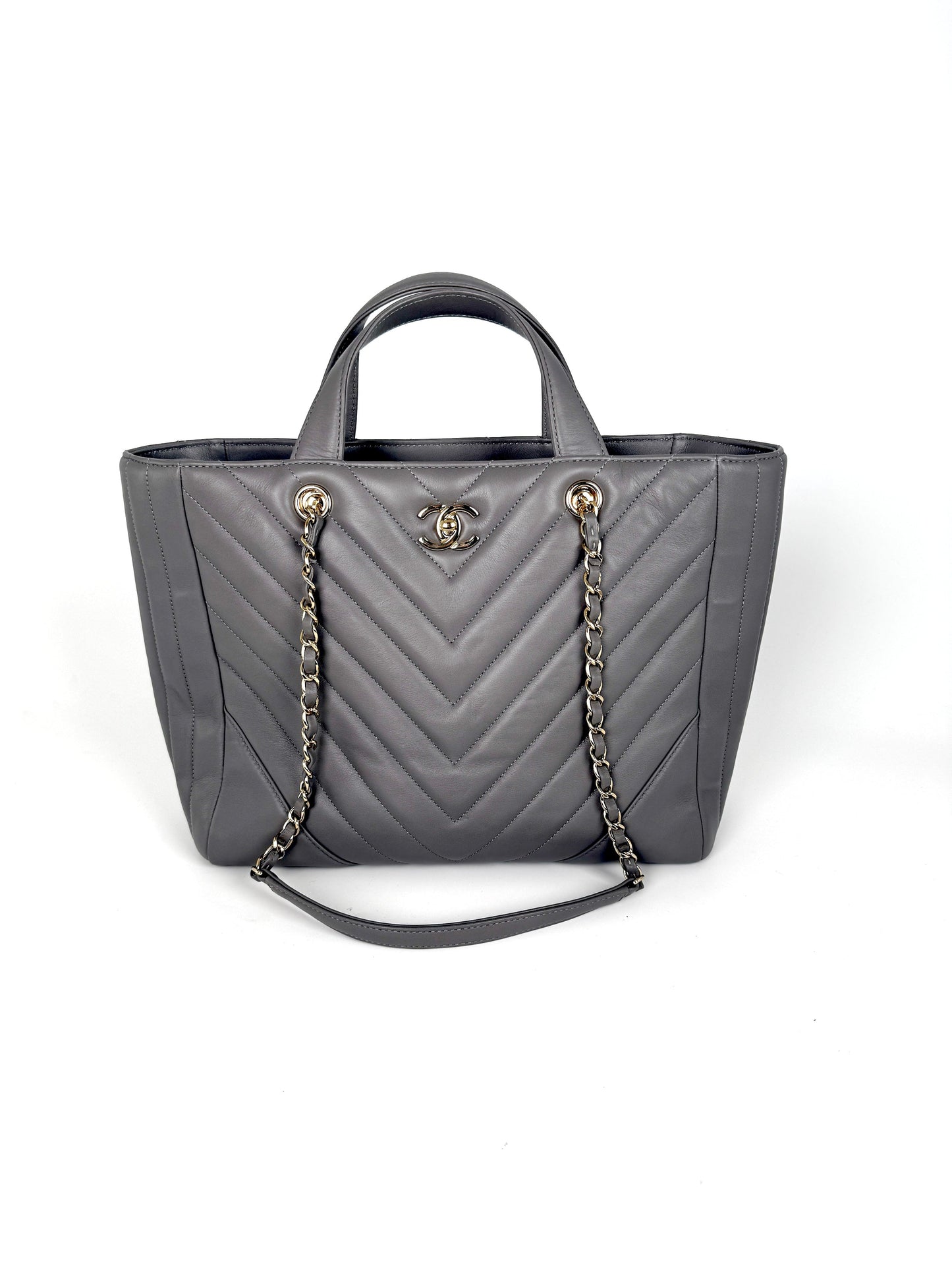Chanel Chevron Statement Gray Quilted Calfskin Tote Bag - Rovelle Bags