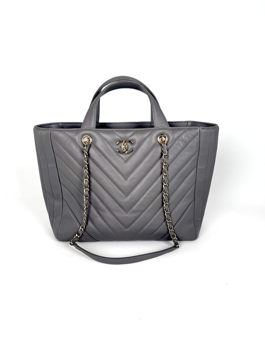 Chanel Chevron Statement Gray Quilted Calfskin Tote Bag - Rovelle Bags
