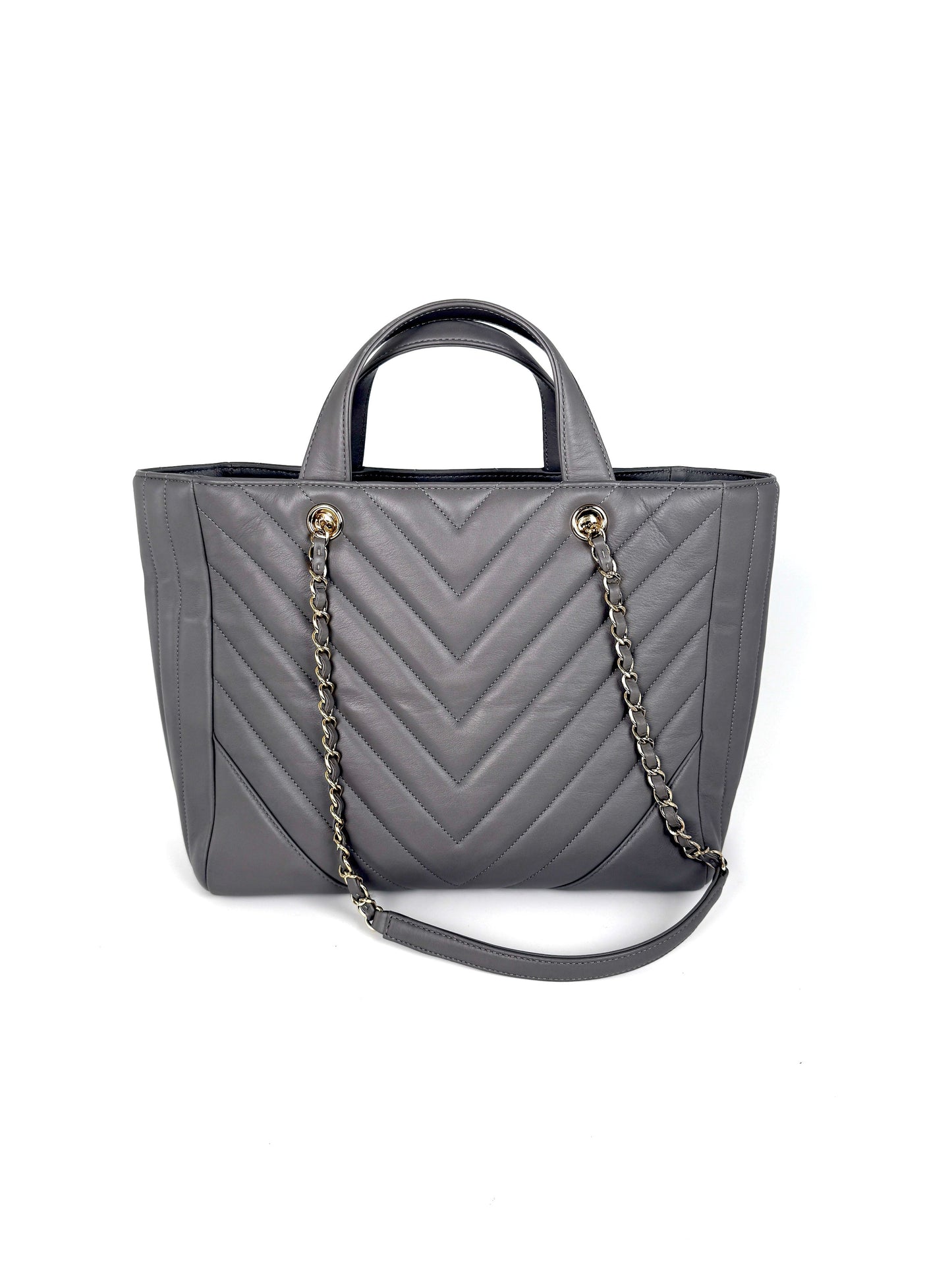 Chanel Chevron Statement Gray Quilted Calfskin Tote Bag - Rovelle Bags