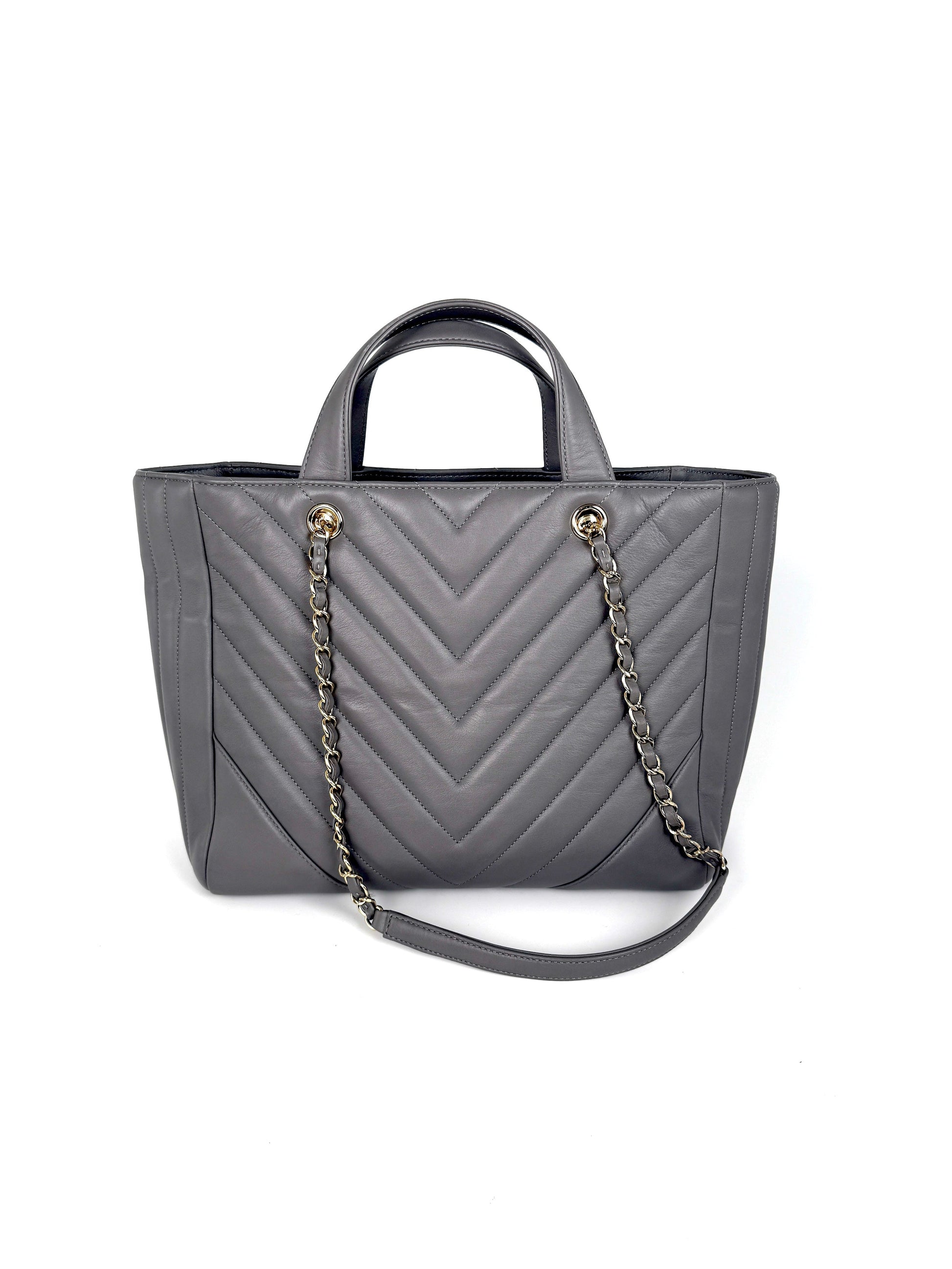 Chanel Chevron Statement Gray Quilted Calfskin Tote Bag - Rovelle Bags