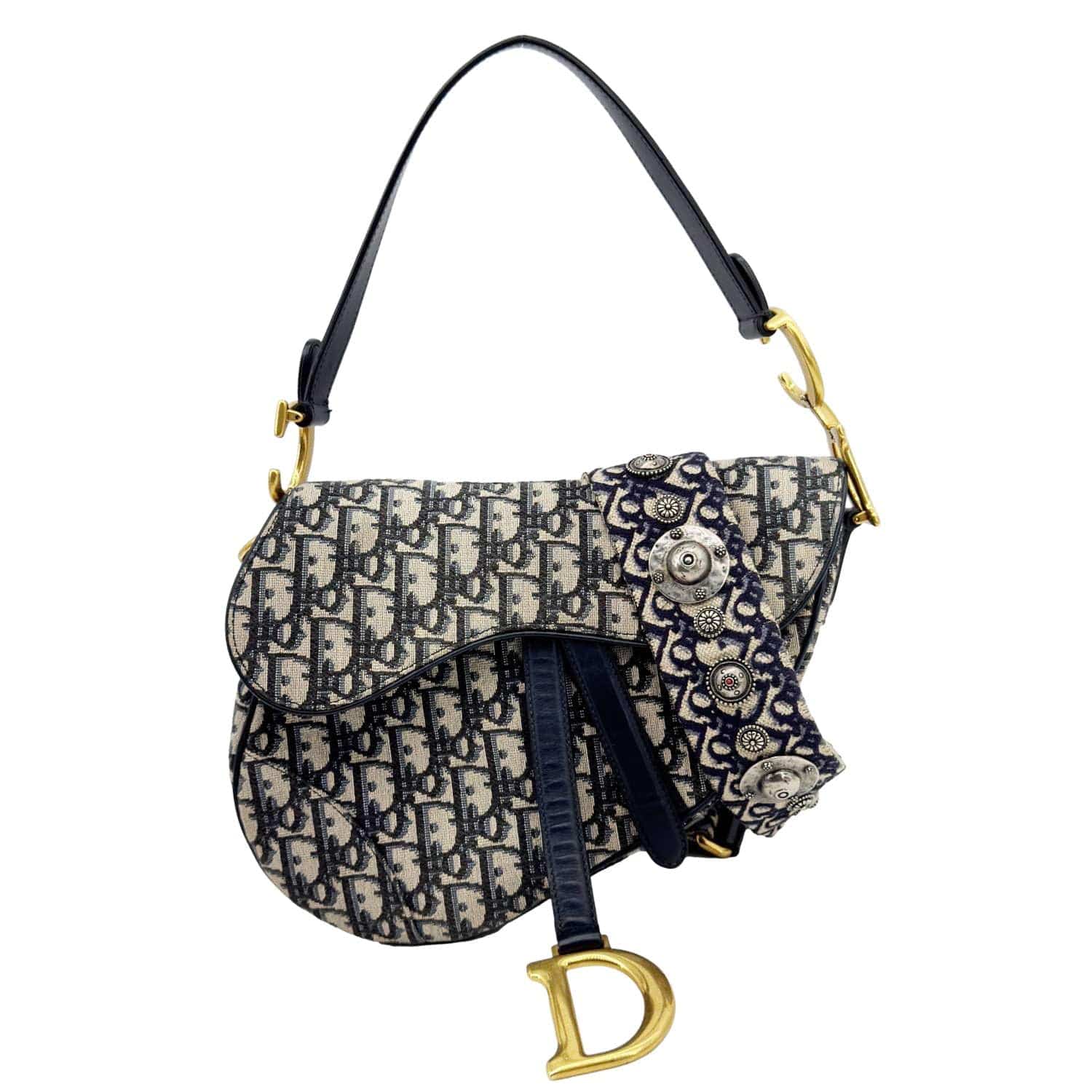 CHRISTIAN DIOR Saddle Oblique Jacquard Belt Crossbody Bag Navy Blue