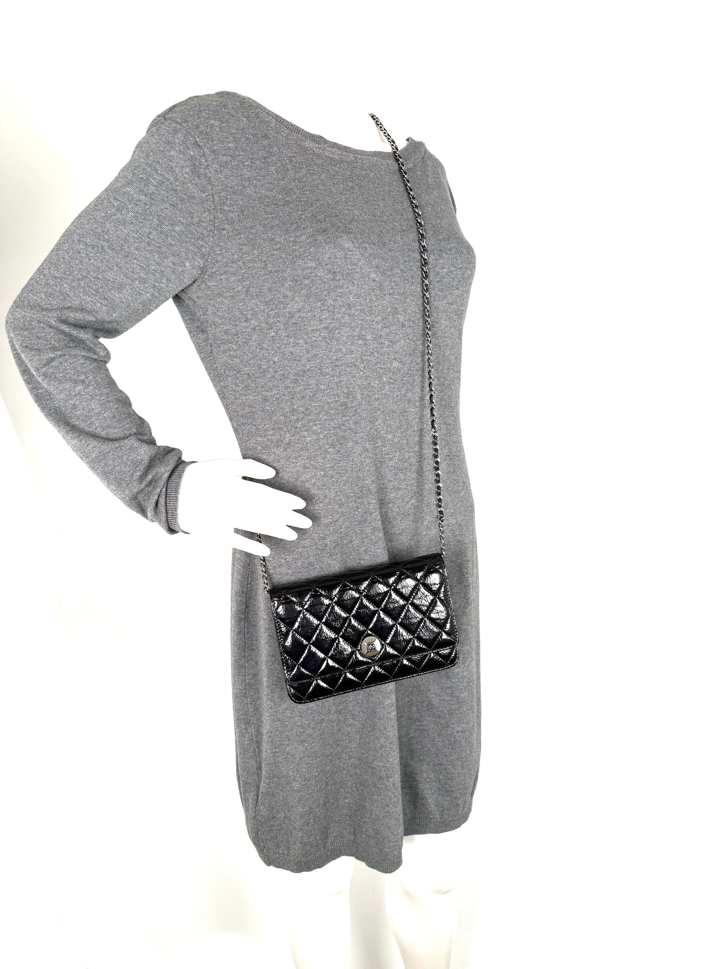 Chanel Black Glazed Wallet on Chain Crossbody Bag - Rovelle Bags