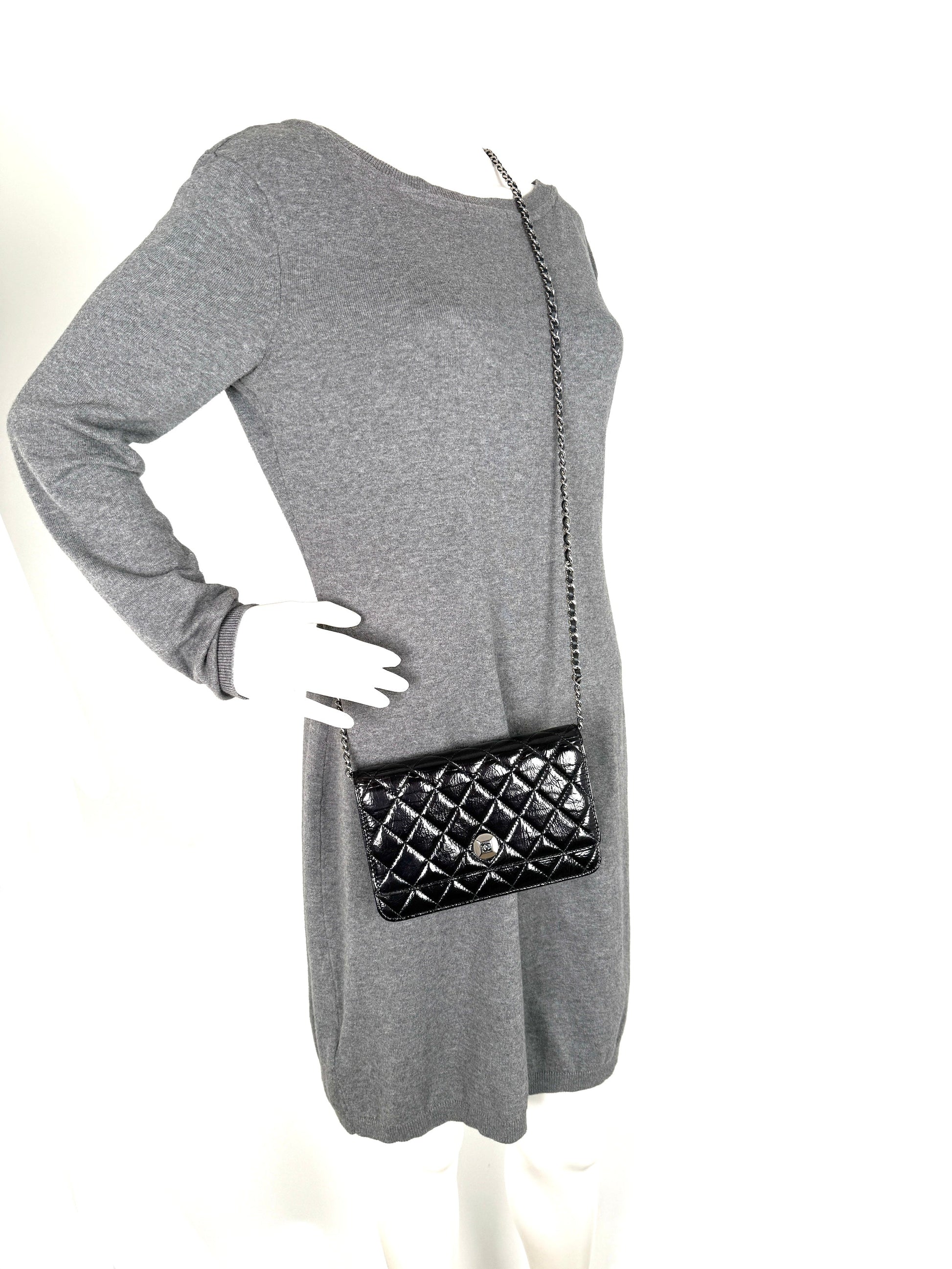 Chanel Black Glazed Wallet on Chain Crossbody Bag - Rovelle Bags