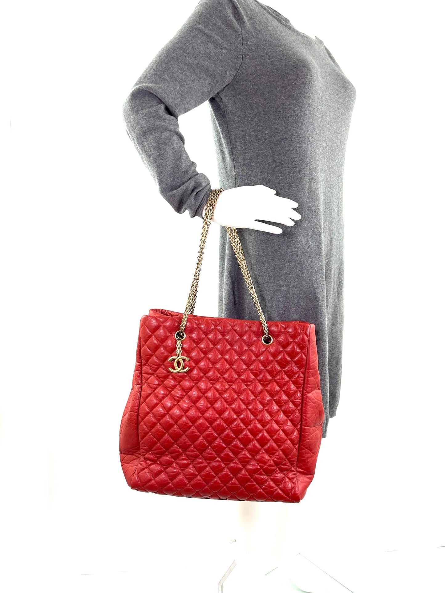 Chanel Red Quilted North South Chain Tote Bag - Rovelle Bags