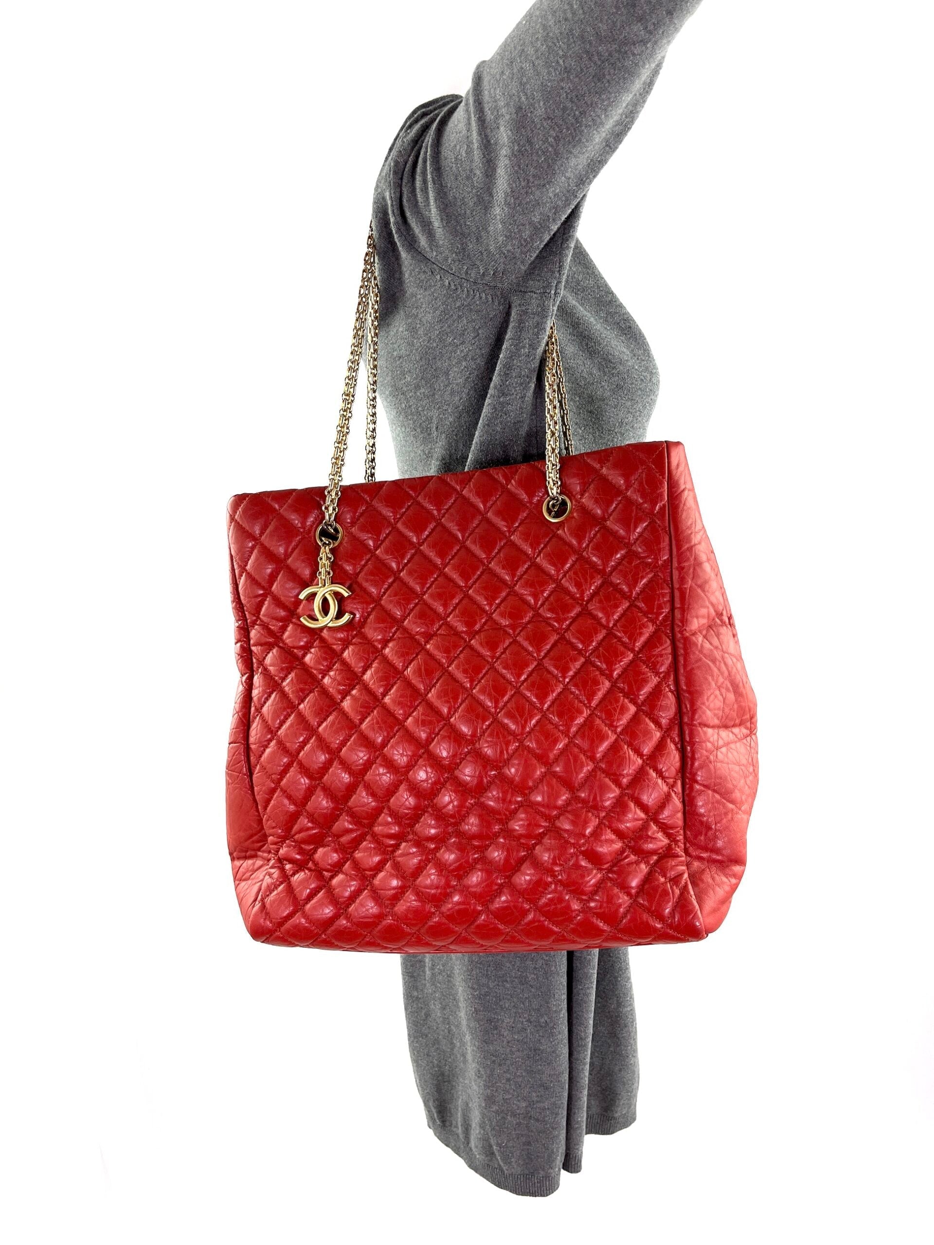 Chanel Red Quilted North South Chain Tote Bag - Rovelle Bags