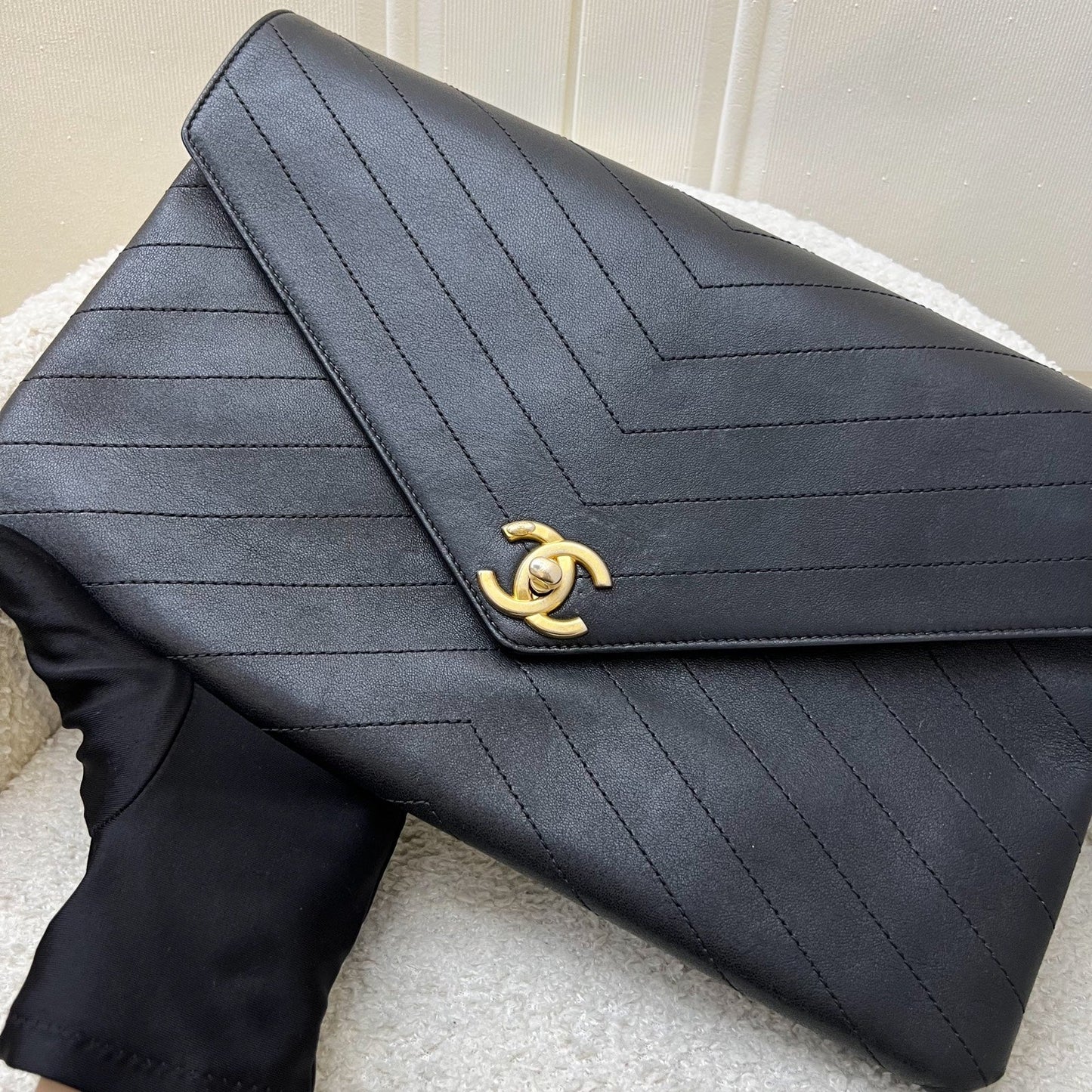 Chanel Clutch in Chevron Quilted Black Clutch Bag - Rovelle Bags