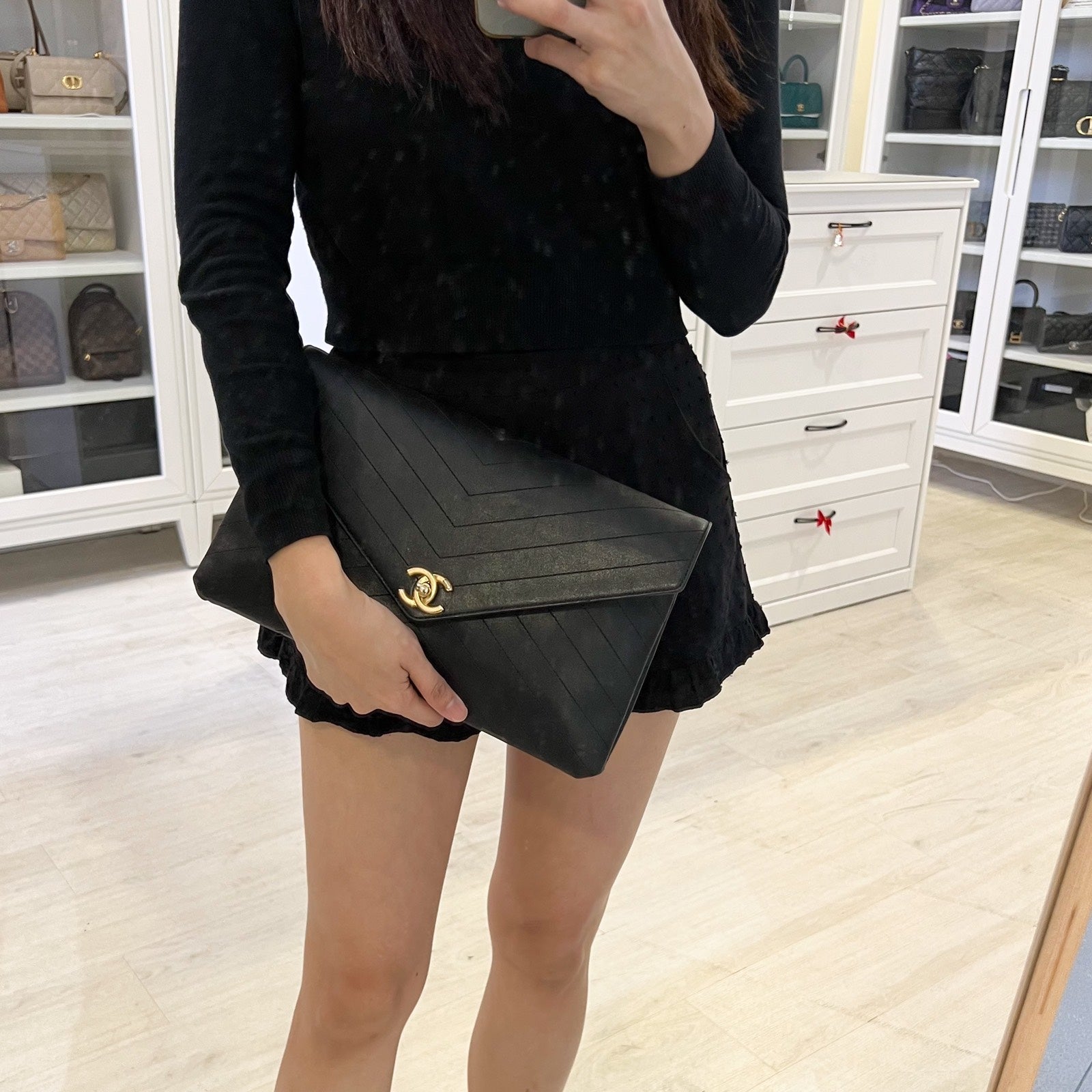 Chanel Clutch in Chevron Quilted Black Clutch Bag - Rovelle Bags