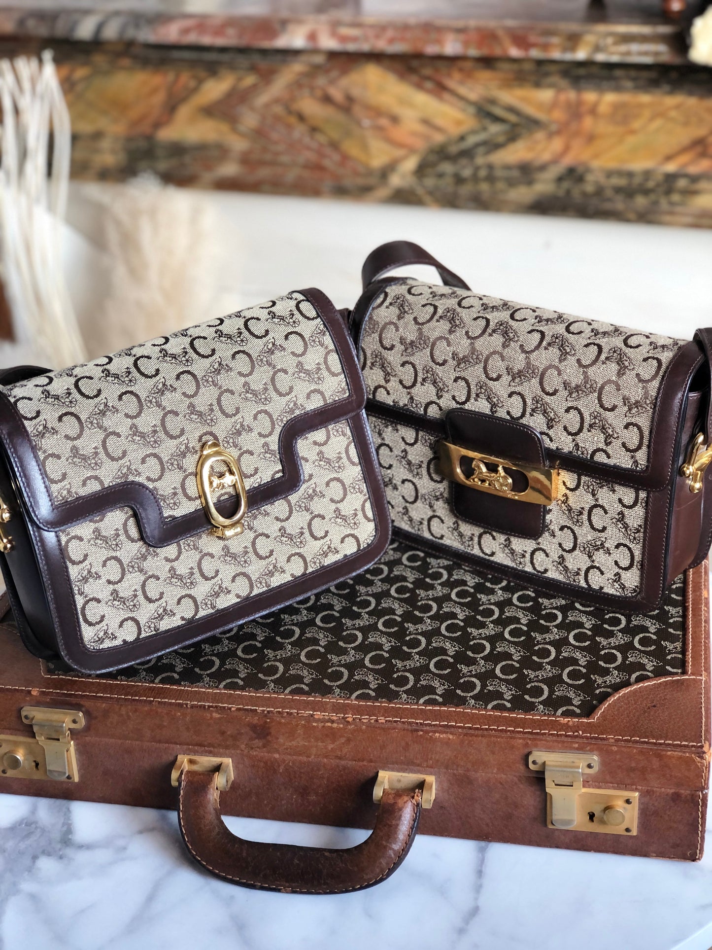 CELINE C Macadam Horse carriage Jacquard Shoulder bag Brown Old CELINE 5chm38