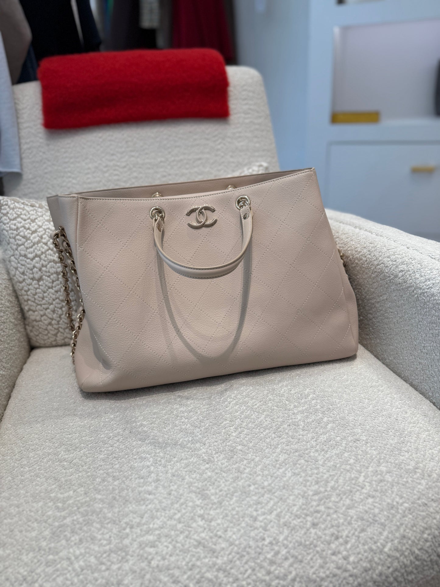 Chanel Bullskin Stitched Cream Shopping Tote Tote Bag - Rovelle Bags