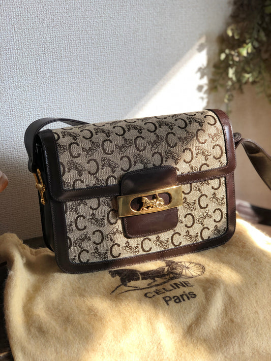 CELINE C Macadam Horse carriage Jacquard Shoulder bag Brown Old CELINE 5chm38