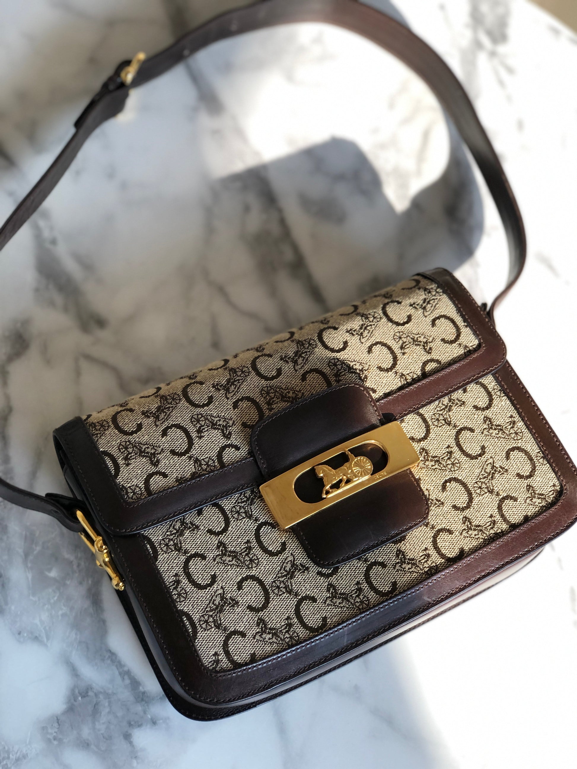 CELINE C Macadam Horse carriage Jacquard Shoulder bag Brown Old CELINE 5chm38