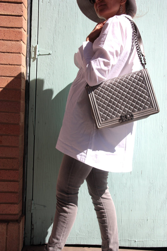 Chanel Large Metallic Silver Quilted Boy Flap Bag - Rovelle Bags