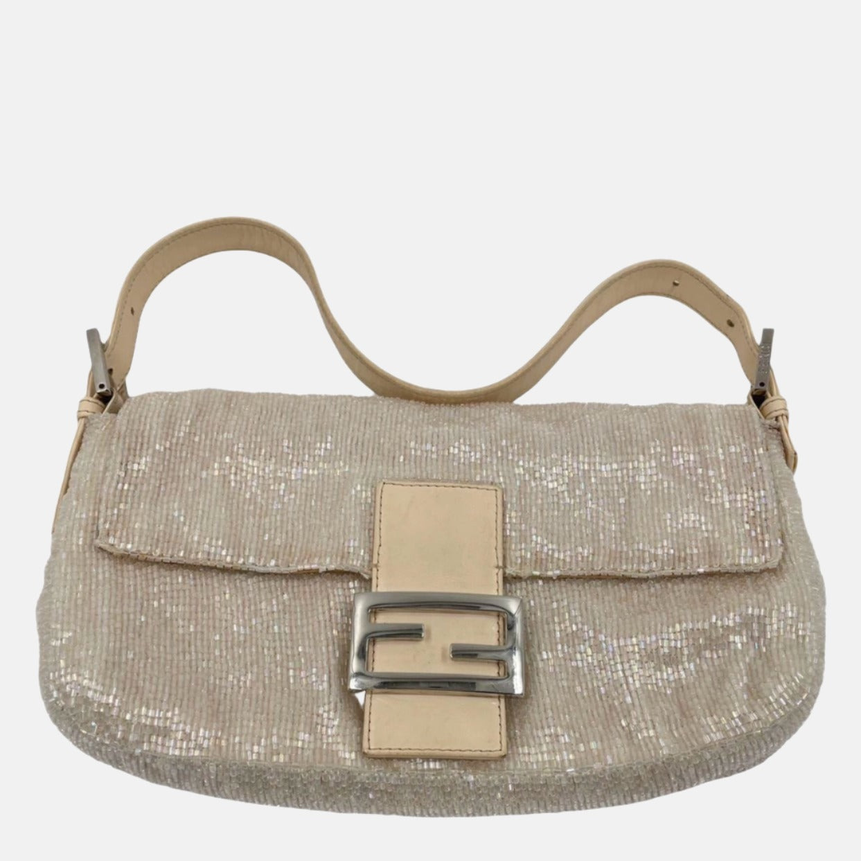 Fendi Baguette Glittering Waterfall Beads Cream Shoulder Bag