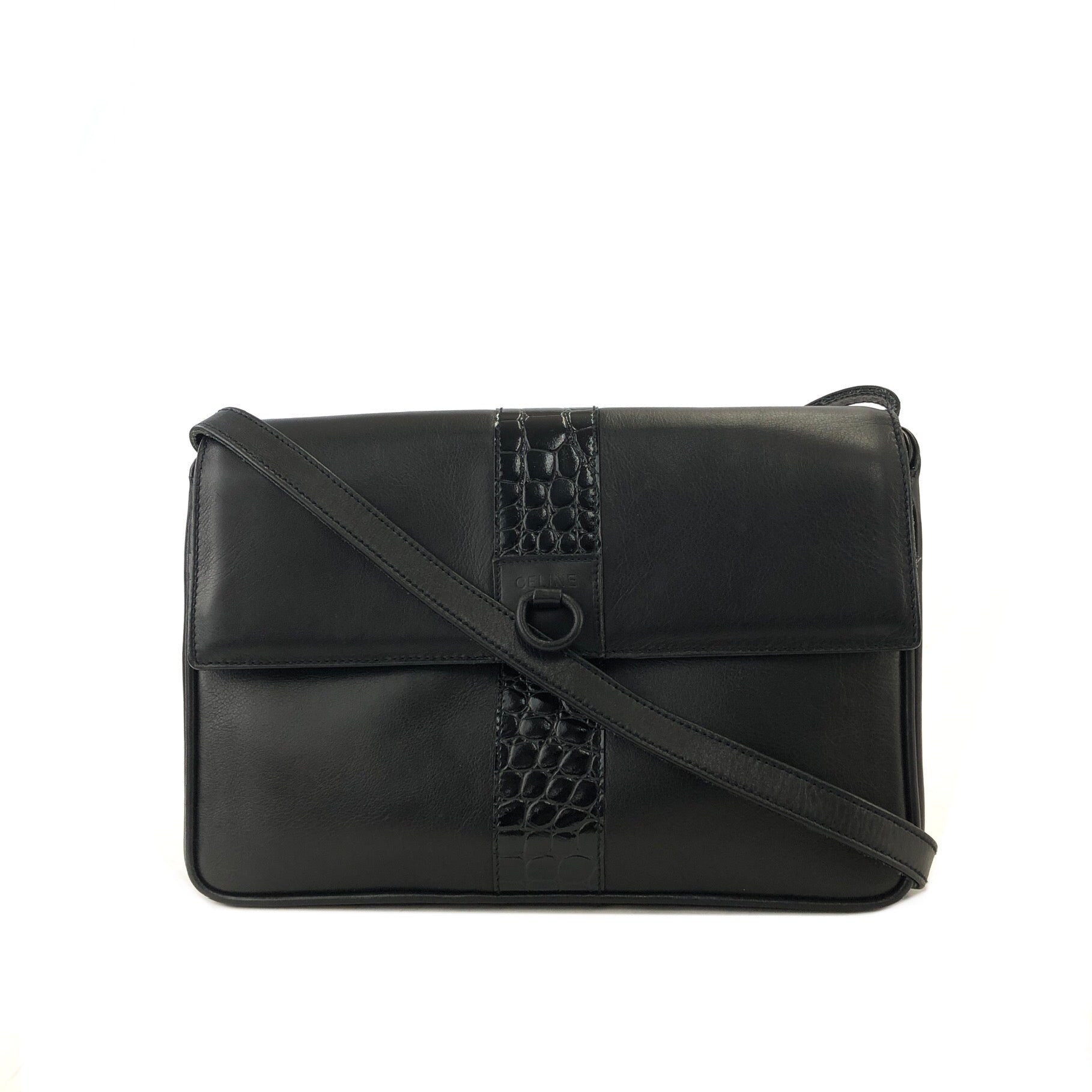 CELINE Gancini Leather Shoulder bag Clutch bag Black Old Celine 6ehwcp