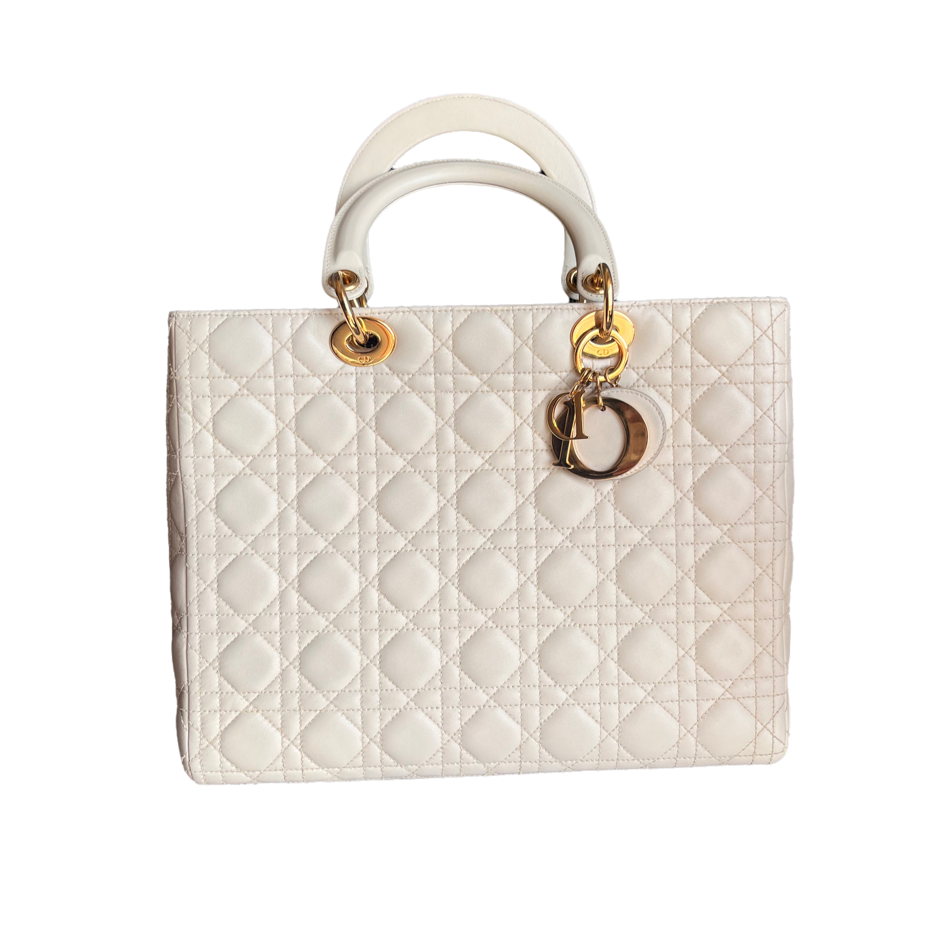 Lady Dior Large Cream White Cannage Lambskin Leather handbag with Gold Hardware and Strap