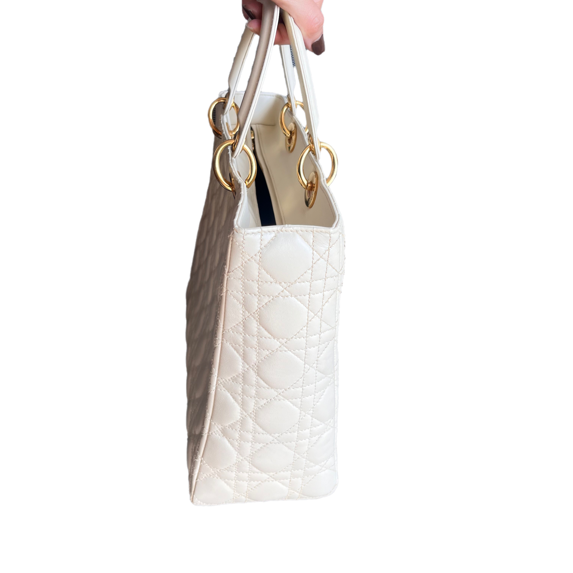 Lady Dior Large Cream White Cannage Lambskin Leather handbag with Gold Hardware and Strap