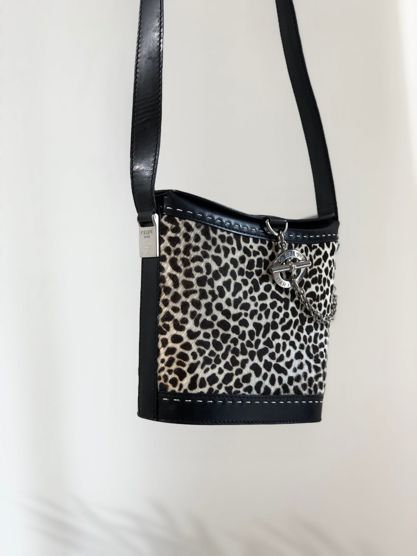 CELINE Unborn calf Dalmatian pattern Mantel Shoulder bag Black Old CELINE dn7e23