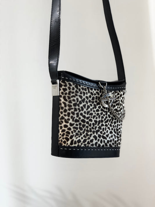 CELINE Unborn calf Dalmatian pattern Mantel Shoulder bag Black Old CELINE dn7e23