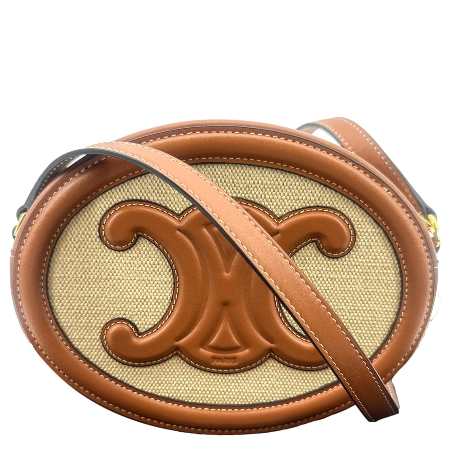 CELINE Triomphe Oval Calfskin Leather Shoulder Bag Tan