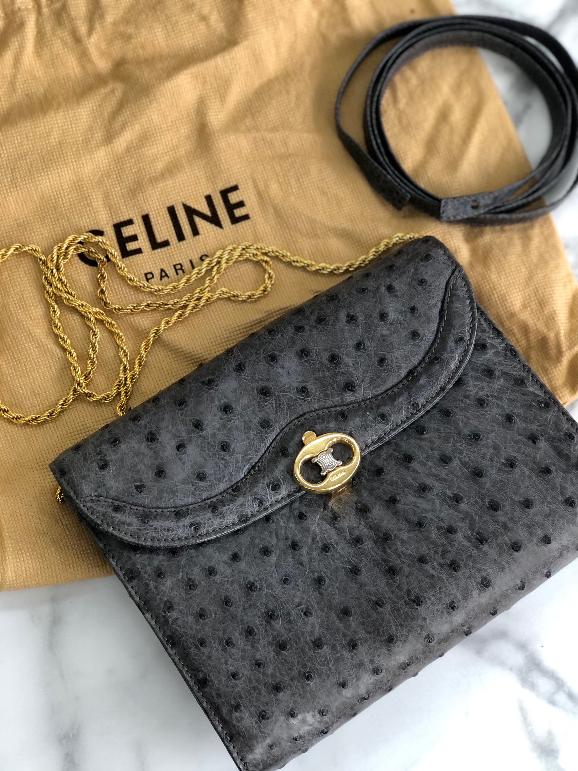 CELINE Triomphe Ostrich Two way Chain Shoulder Bag Clutch bag Gray Old Celine vybyhv