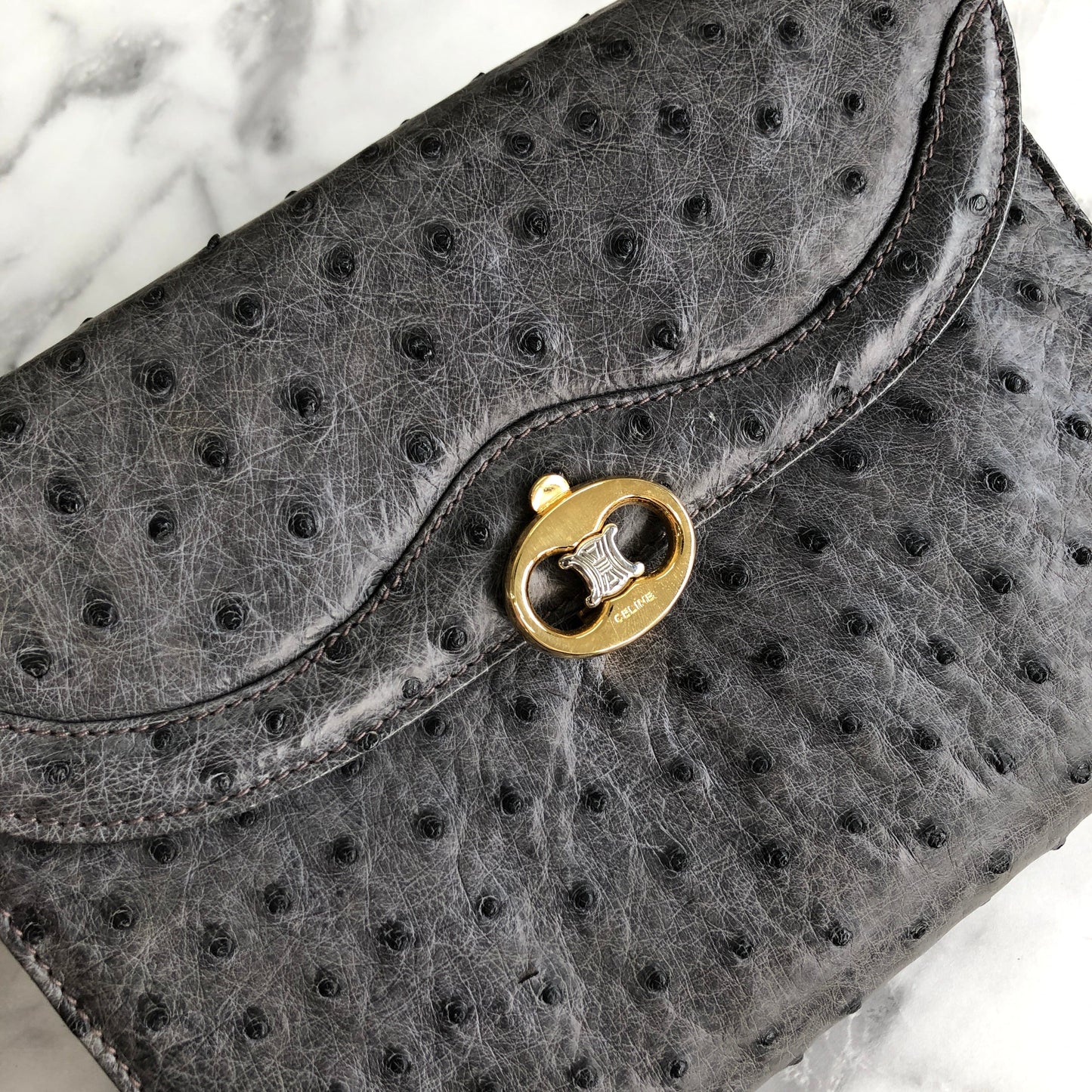 CELINE Triomphe Ostrich Two way Chain Shoulder Bag Clutch bag Gray Old Celine vybyhv