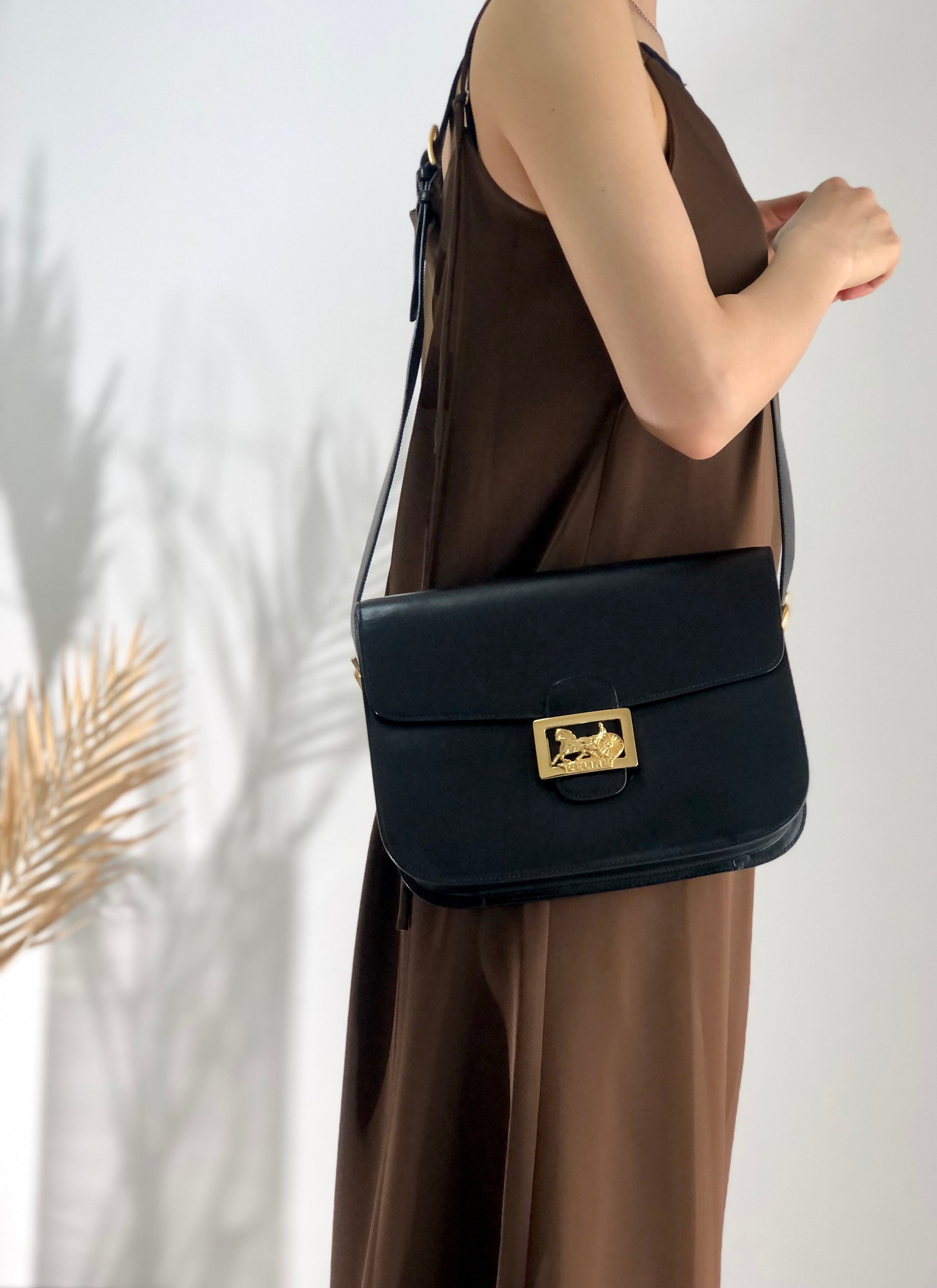 CELINE Horse carriage Leather Crossbody Shoulder bag Black Old celine 4vjaaf