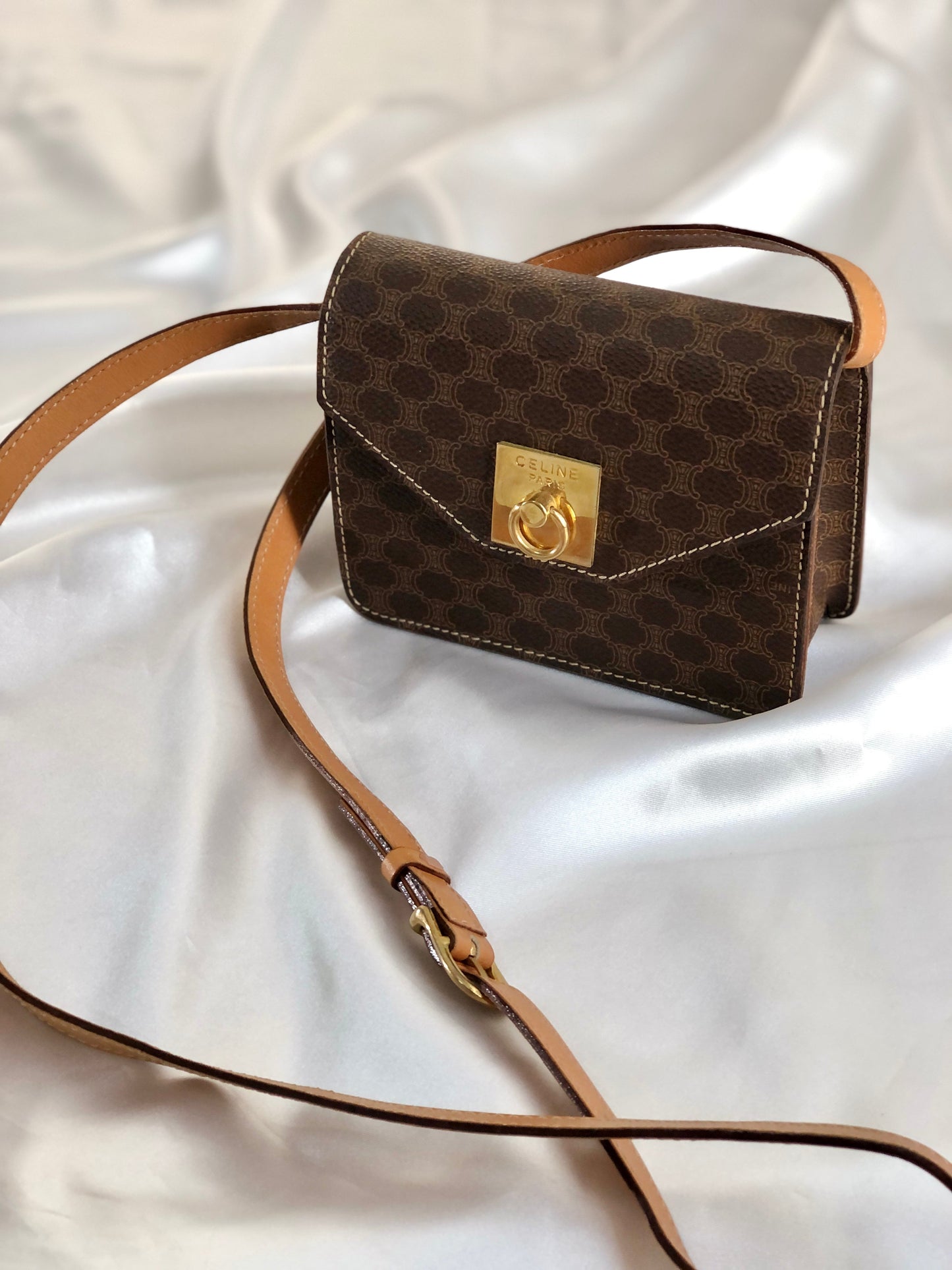 CELINE Macadam Gancini Mantel Mini Bag Shoulder Bag Brown Old Celine ky5u3f