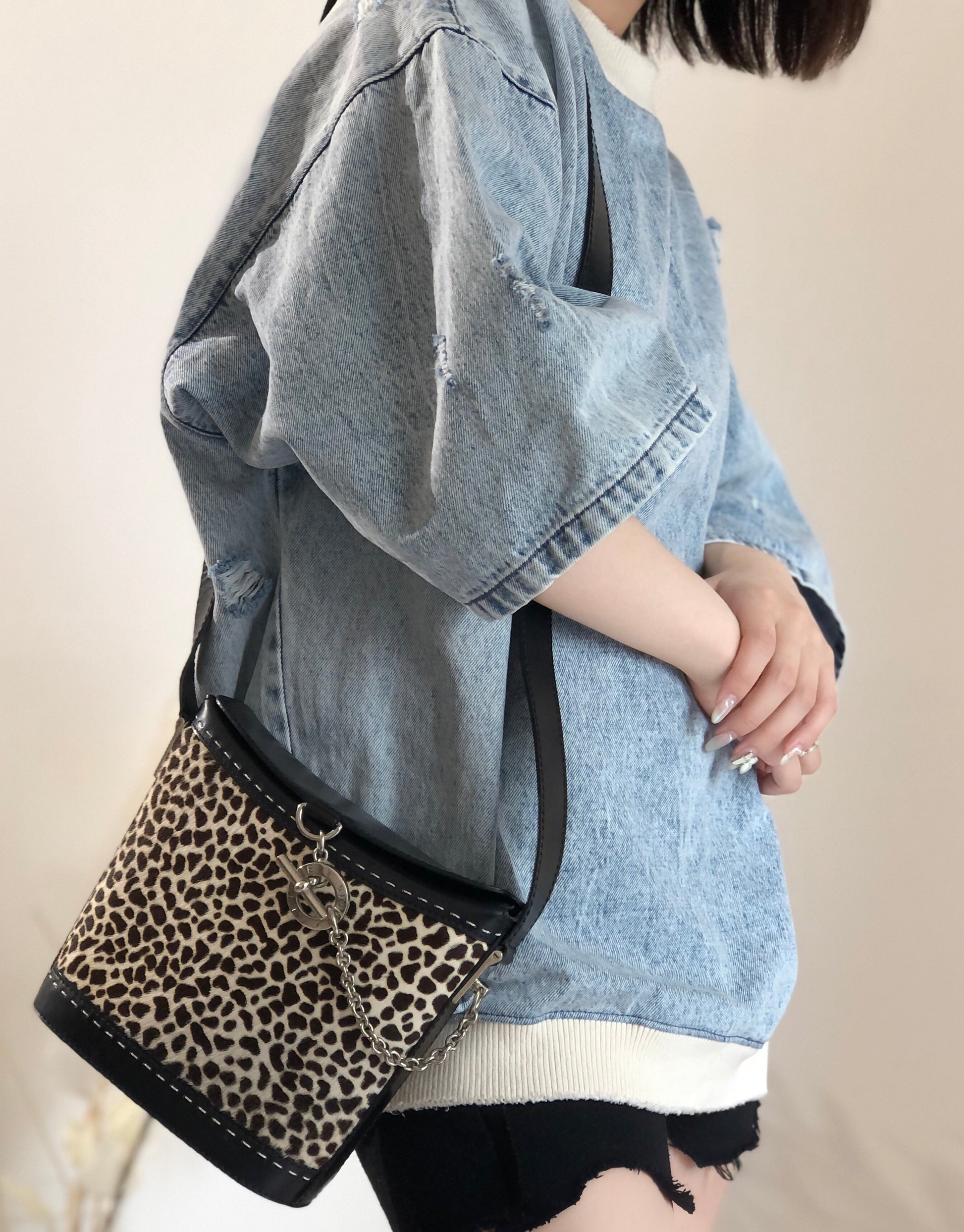 CELINE Unborn calf Dalmatian pattern Mantel Shoulder bag Black Old CELINE dn7e23