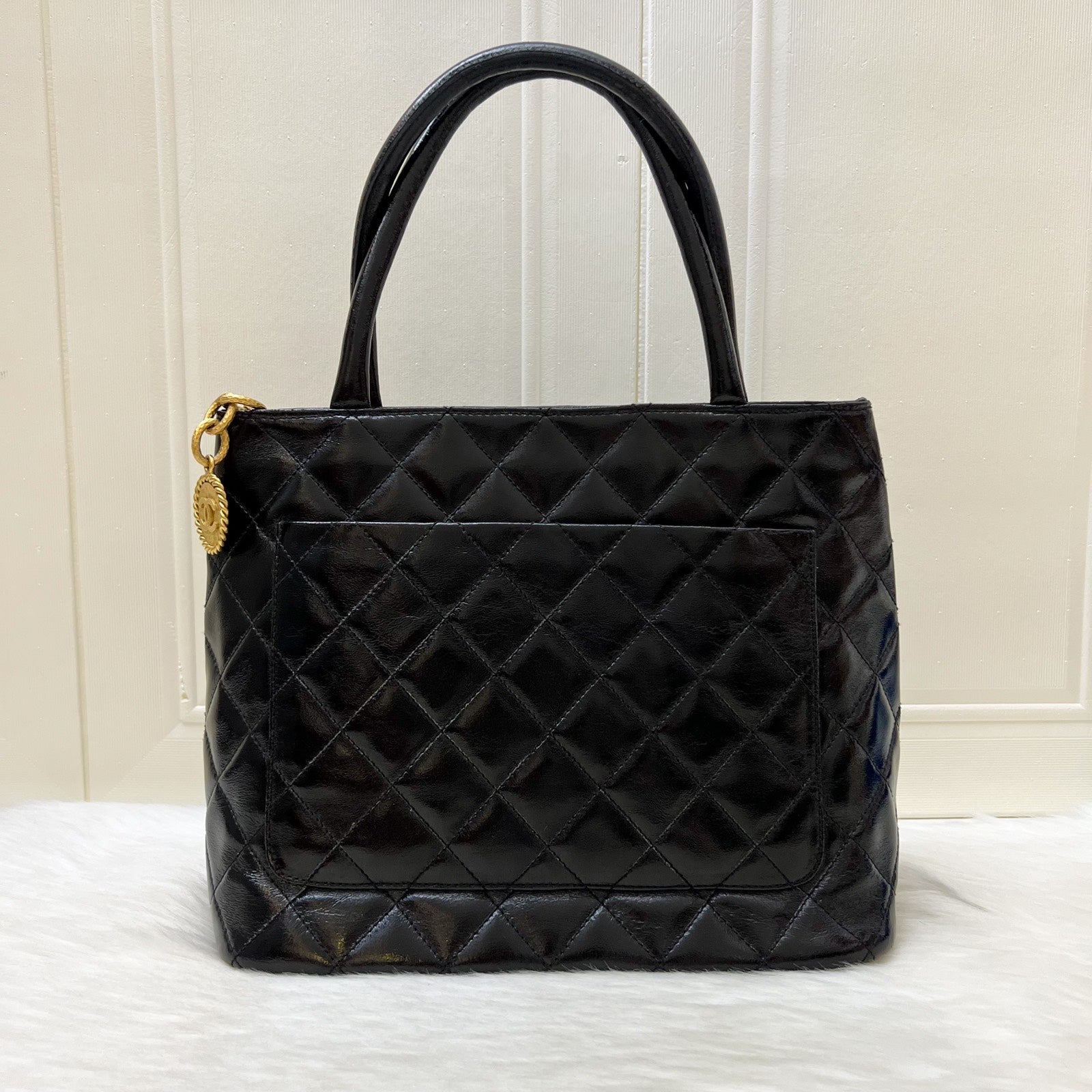 Chanel Medallion Tote in Black Glossy Tote Bag - Rovelle Bags