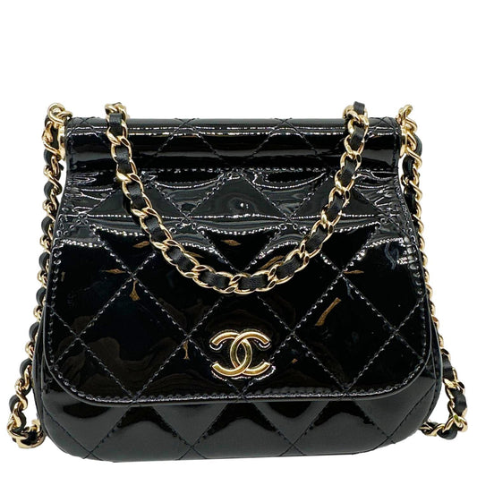 CHANEL Frame Clutch Flap With Chain Quilted Patent Leather Crossbody Bag Black