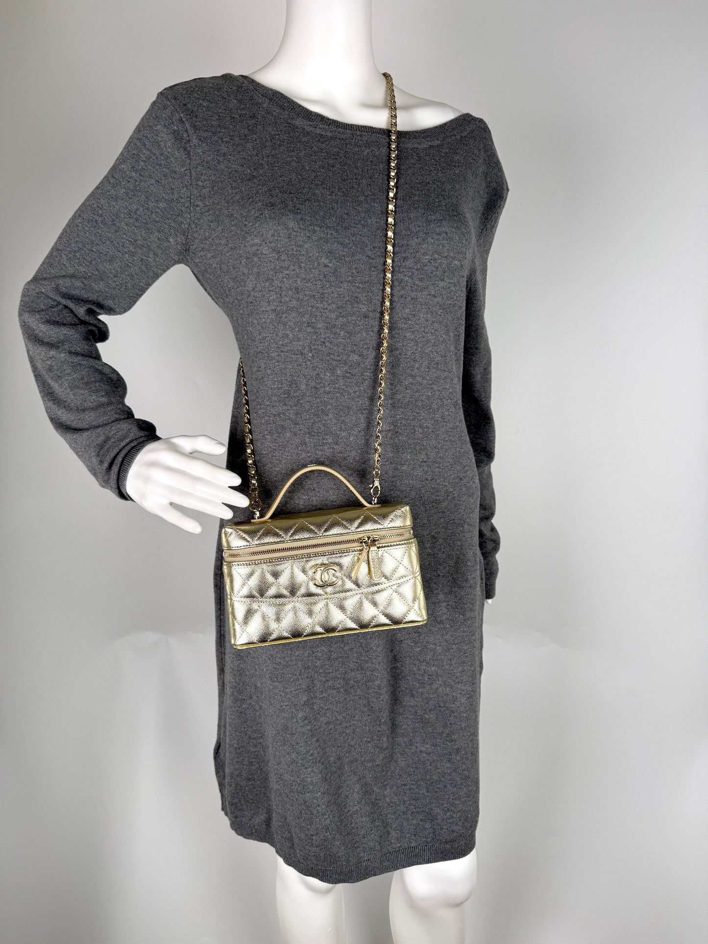 Chanel Long Classic Vanity Light Gold Crossbody Bag - Rovelle Bags