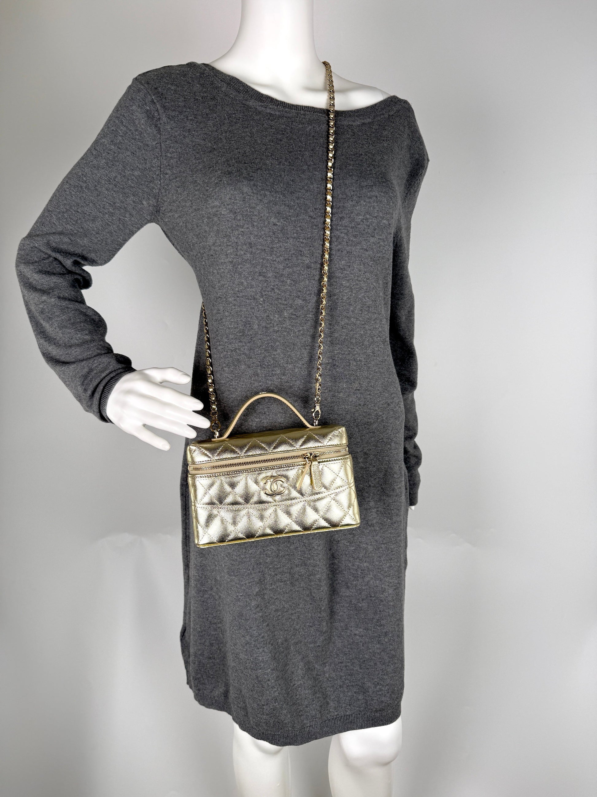 Chanel Long Classic Vanity Light Gold Crossbody Bag - Rovelle Bags