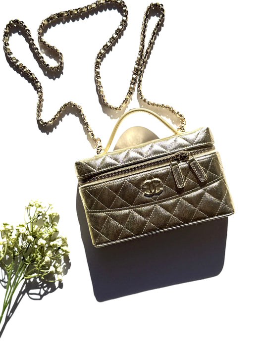 Chanel Long Classic Vanity Light Gold Crossbody Bag - Rovelle Bags