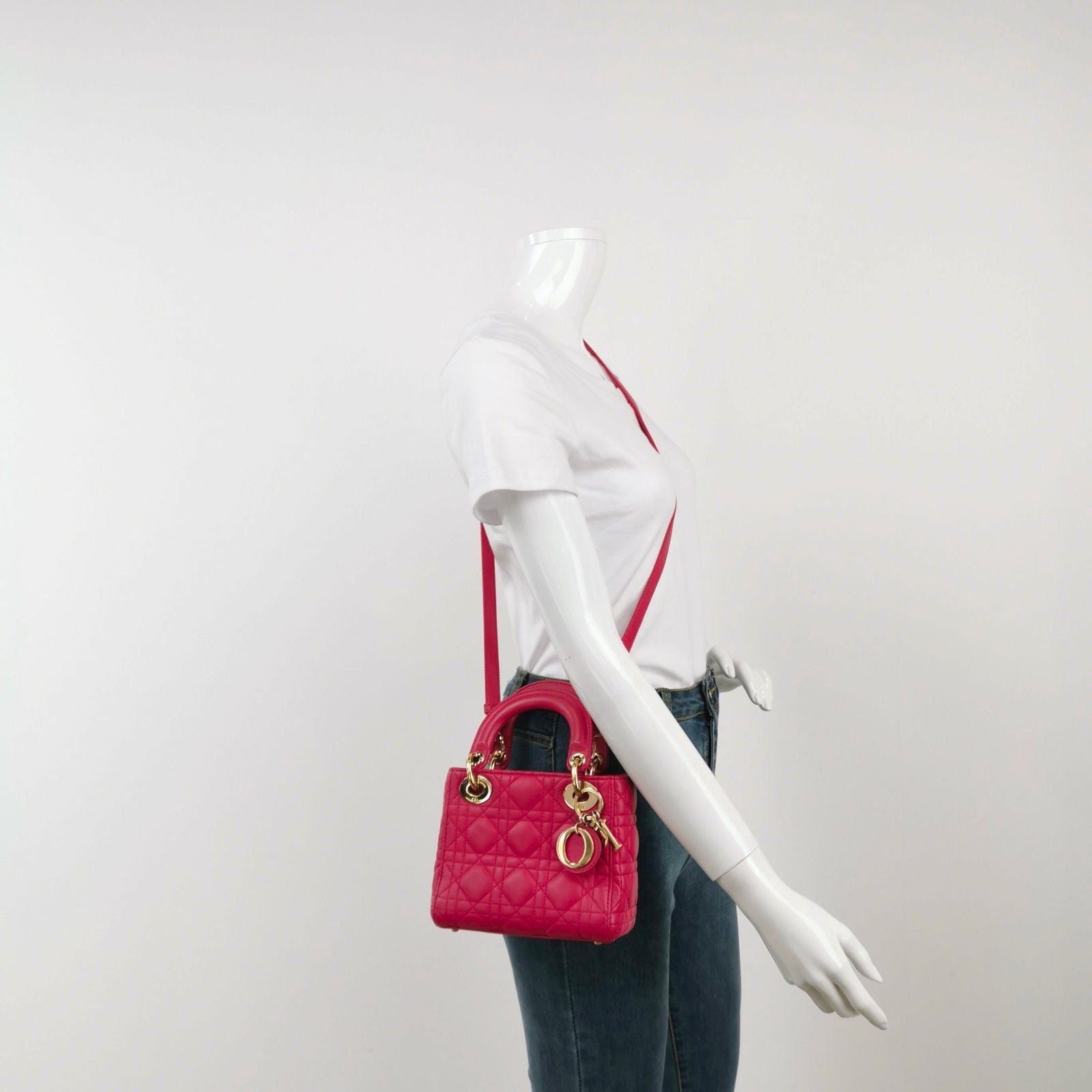 Lady Dior Mini Fuchsia Pink handbag Cannage Leather with strap