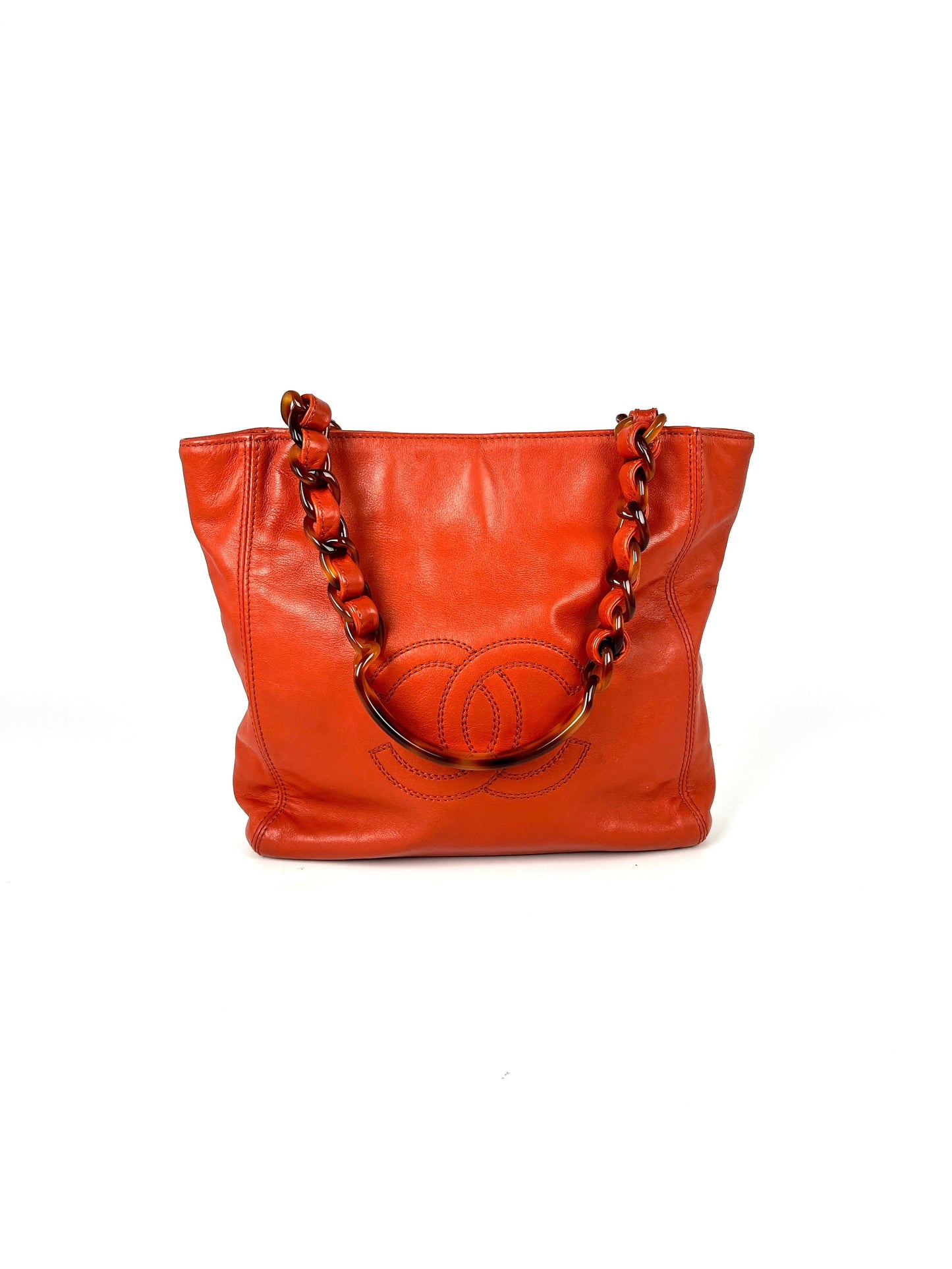 Chanel CC Brown Leather Tortoise Chain Tote Bag - Rovelle Bags