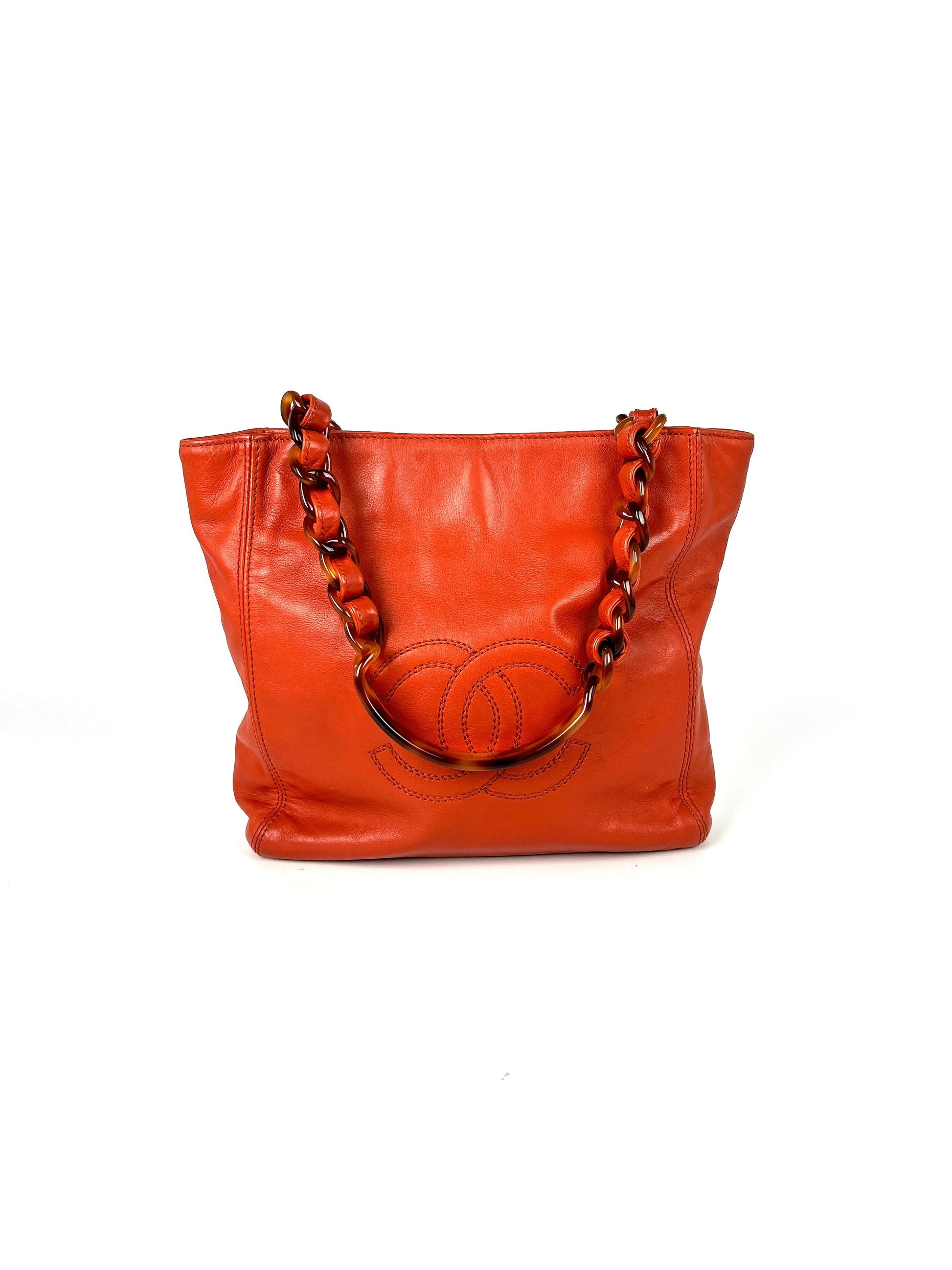 Chanel CC Brown Leather Tortoise Chain Tote Bag - Rovelle Bags