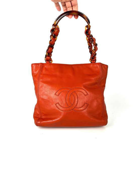 Chanel CC Brown Leather Tortoise Chain Tote Bag - Rovelle Bags