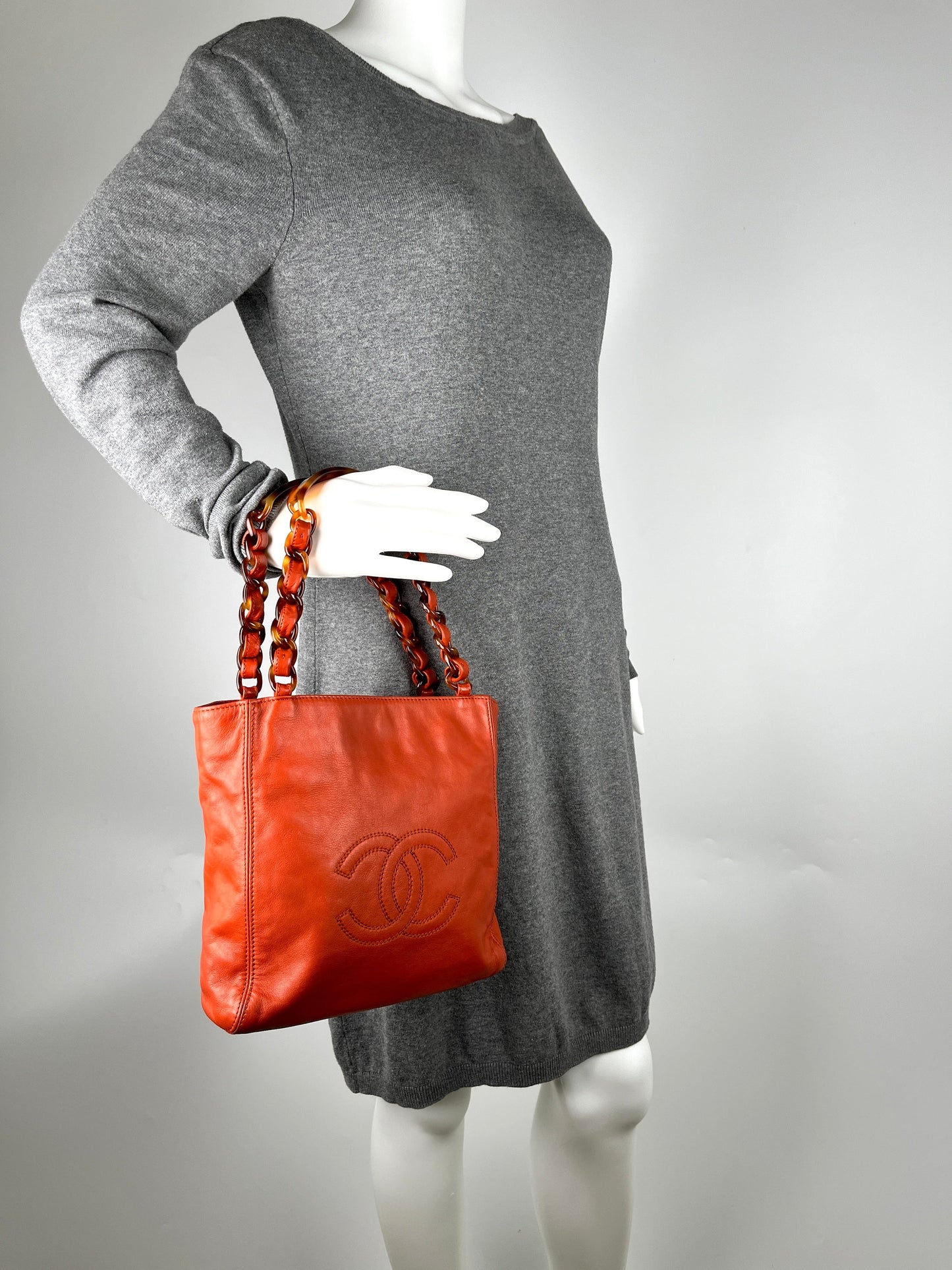 Chanel CC Brown Leather Tortoise Chain Tote Bag - Rovelle Bags