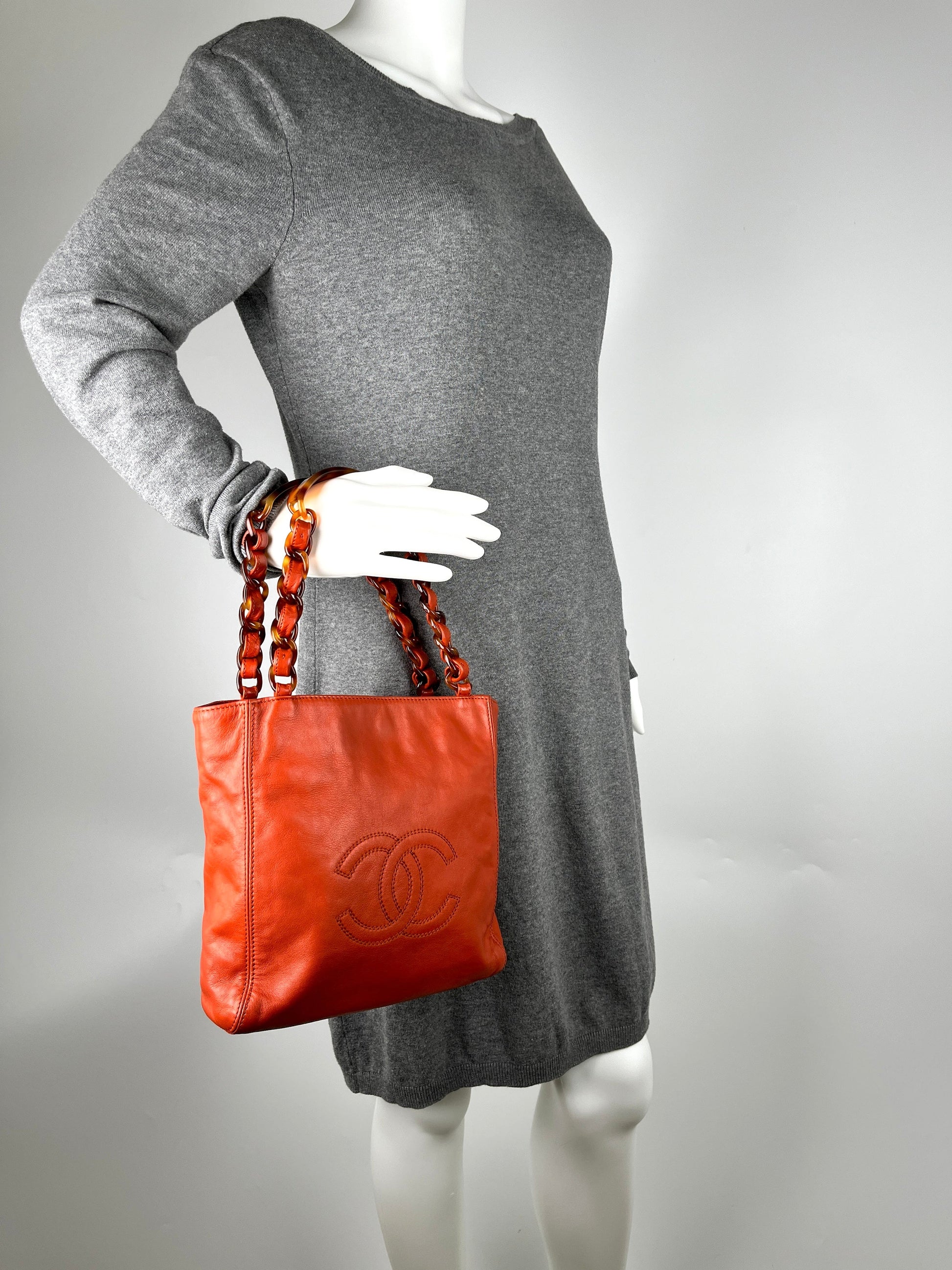 Chanel CC Brown Leather Tortoise Chain Tote Bag - Rovelle Bags