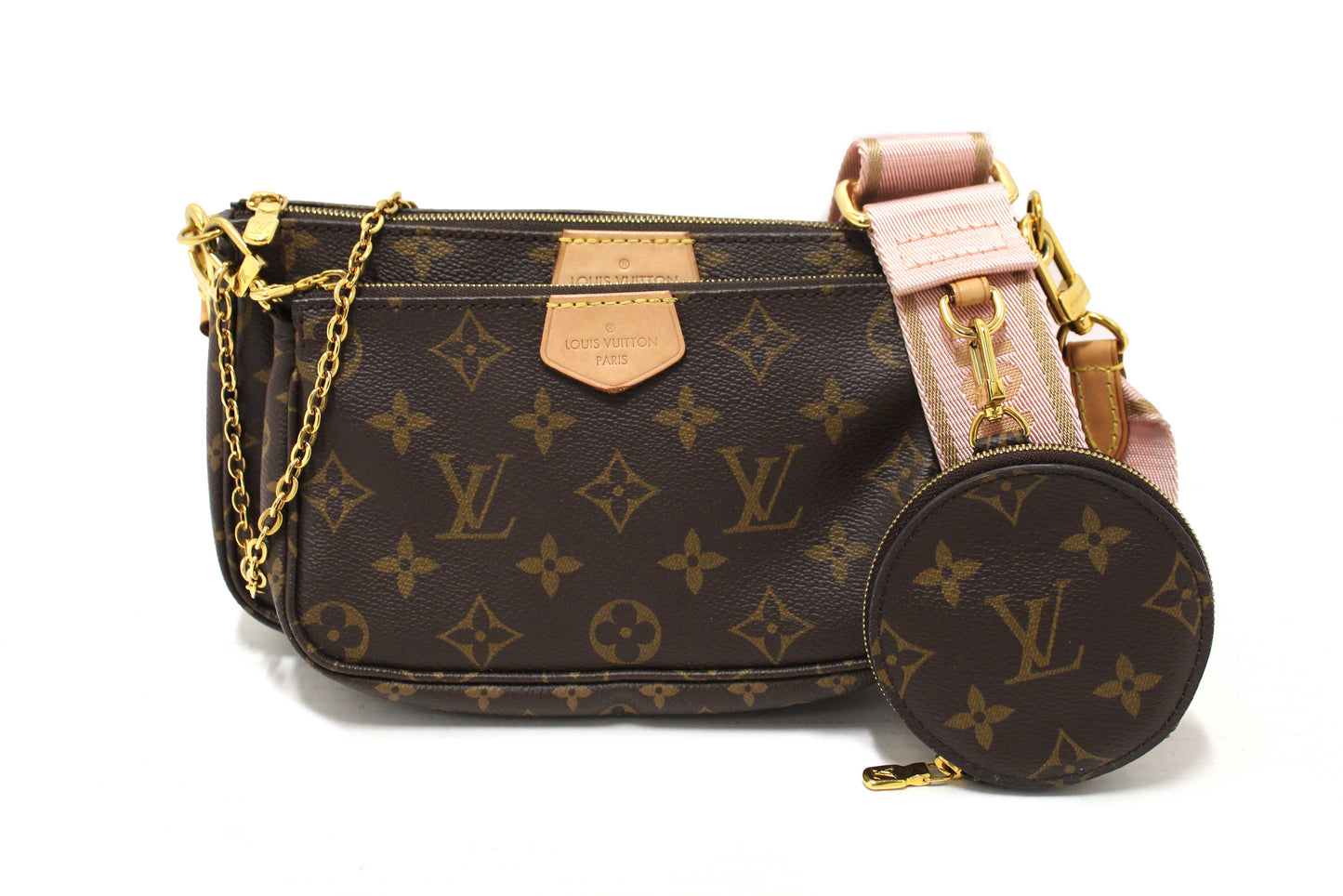 Louis Vuitton Classic Monogram Khaki Pink Strap Multi-Pochette Accessoires Bag