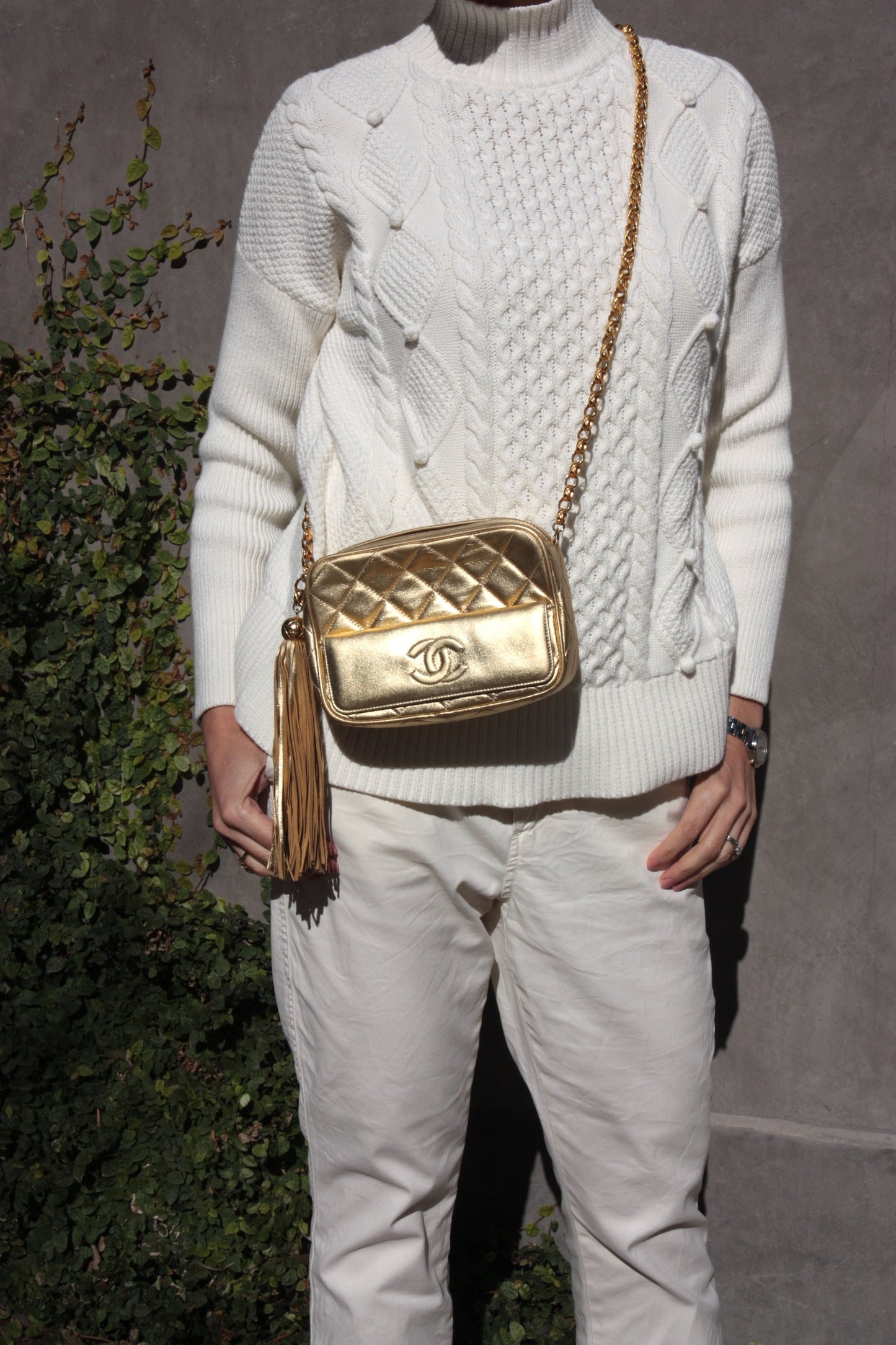 Chanel Quilted Gold CC Camera Tassel Shoulder Bag - Rovelle Bags