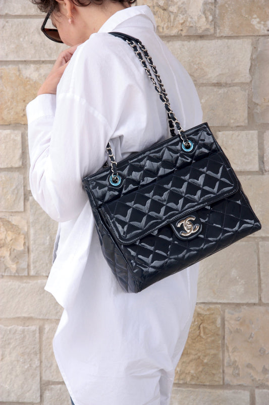 Chanel Coco Shine Small Navy Quilted Tote Bag - Rovelle Bags