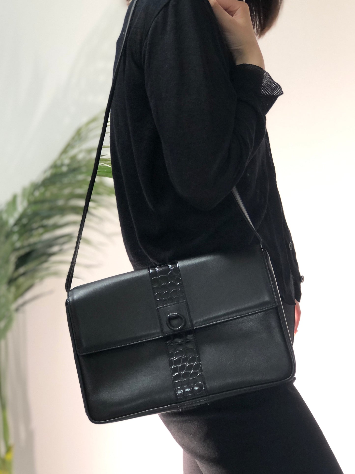 CELINE Gancini Leather Shoulder bag Clutch bag Black Old Celine 6ehwcp